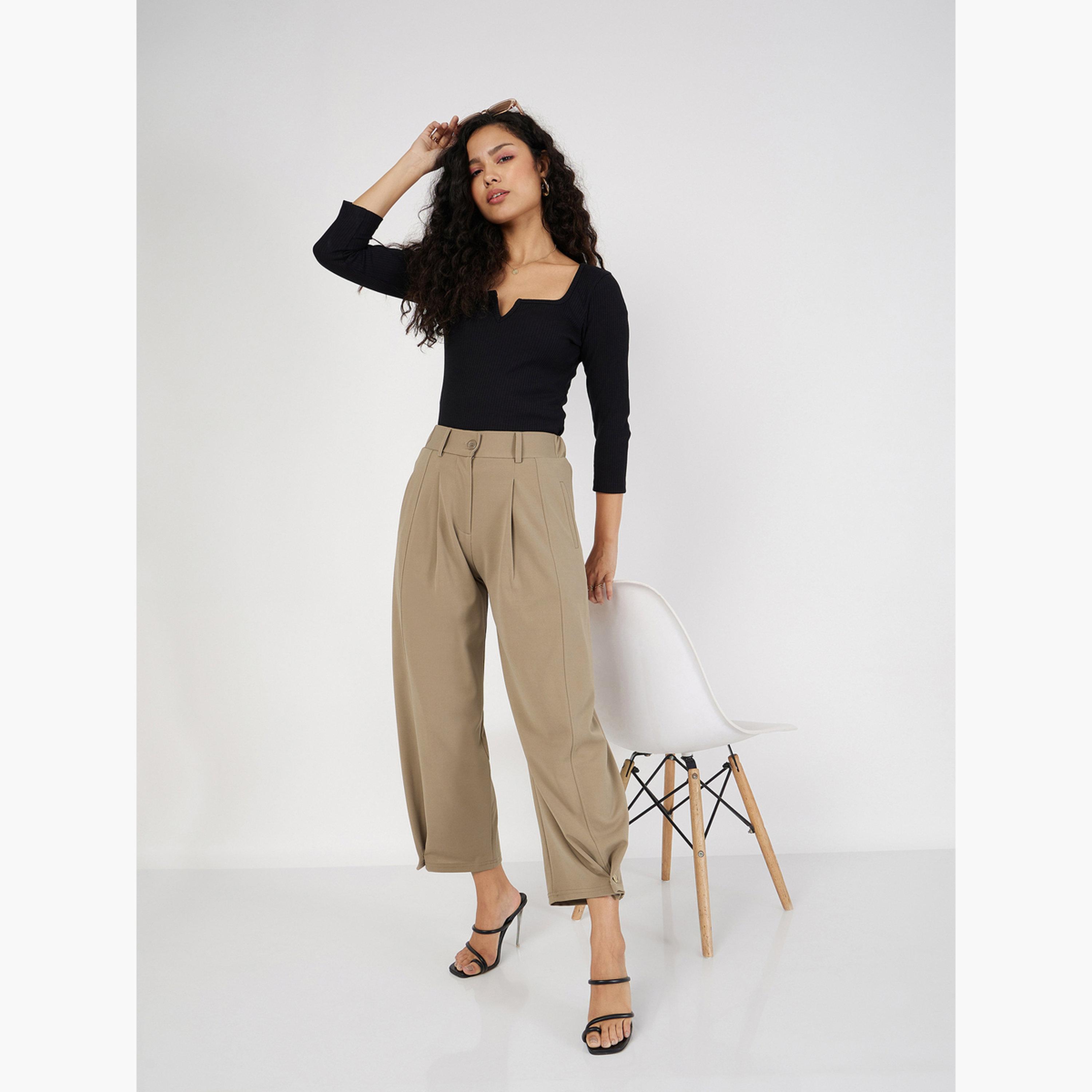 ساسافراس - بنطال بالون ذو حافة أزرار مطوية لون بيج سادة للنساء-women-clothing-bottoms-trousers-image-2