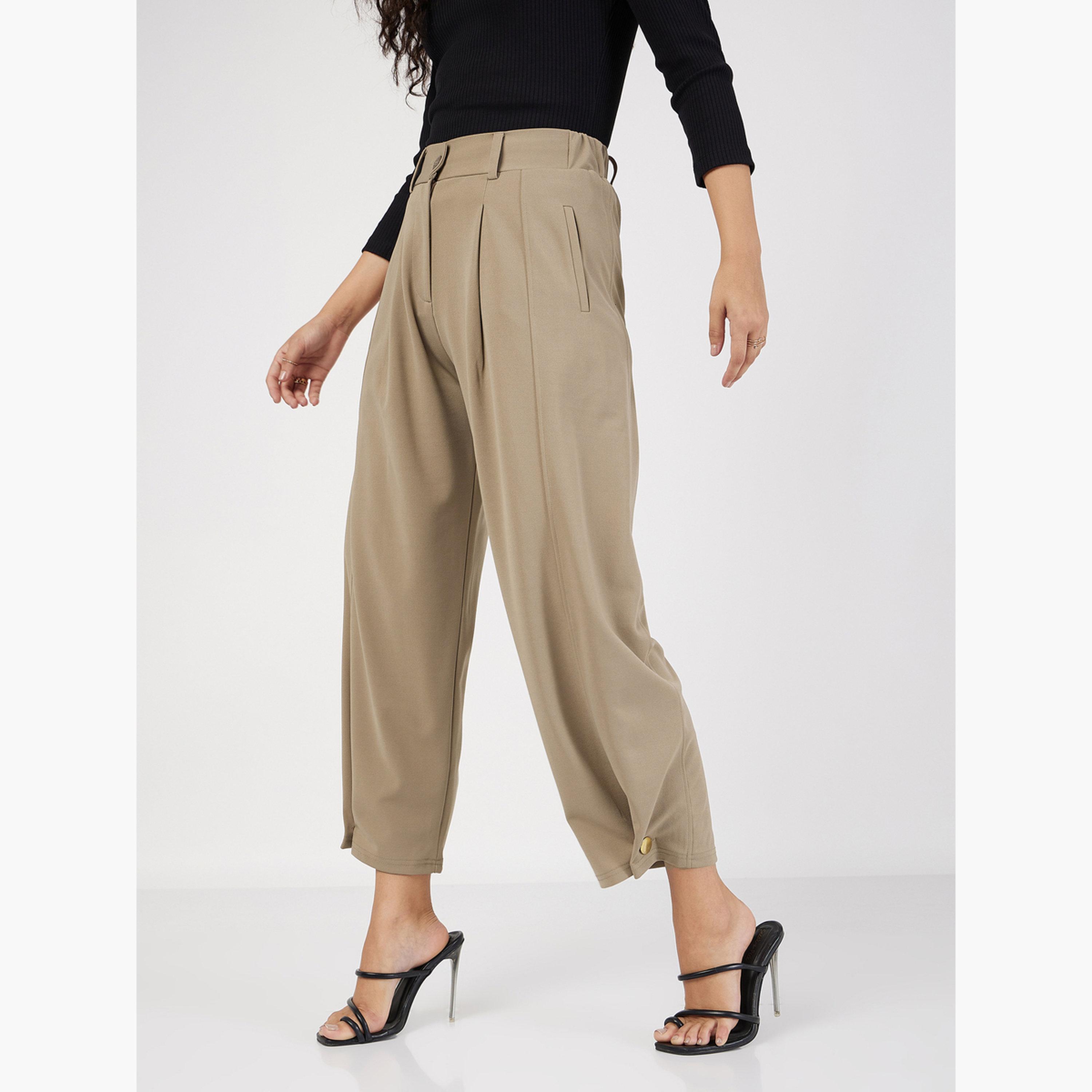 ساسافراس - بنطال بالون ذو حافة أزرار مطوية لون بيج سادة للنساء-women-clothing-bottoms-trousers-image-3