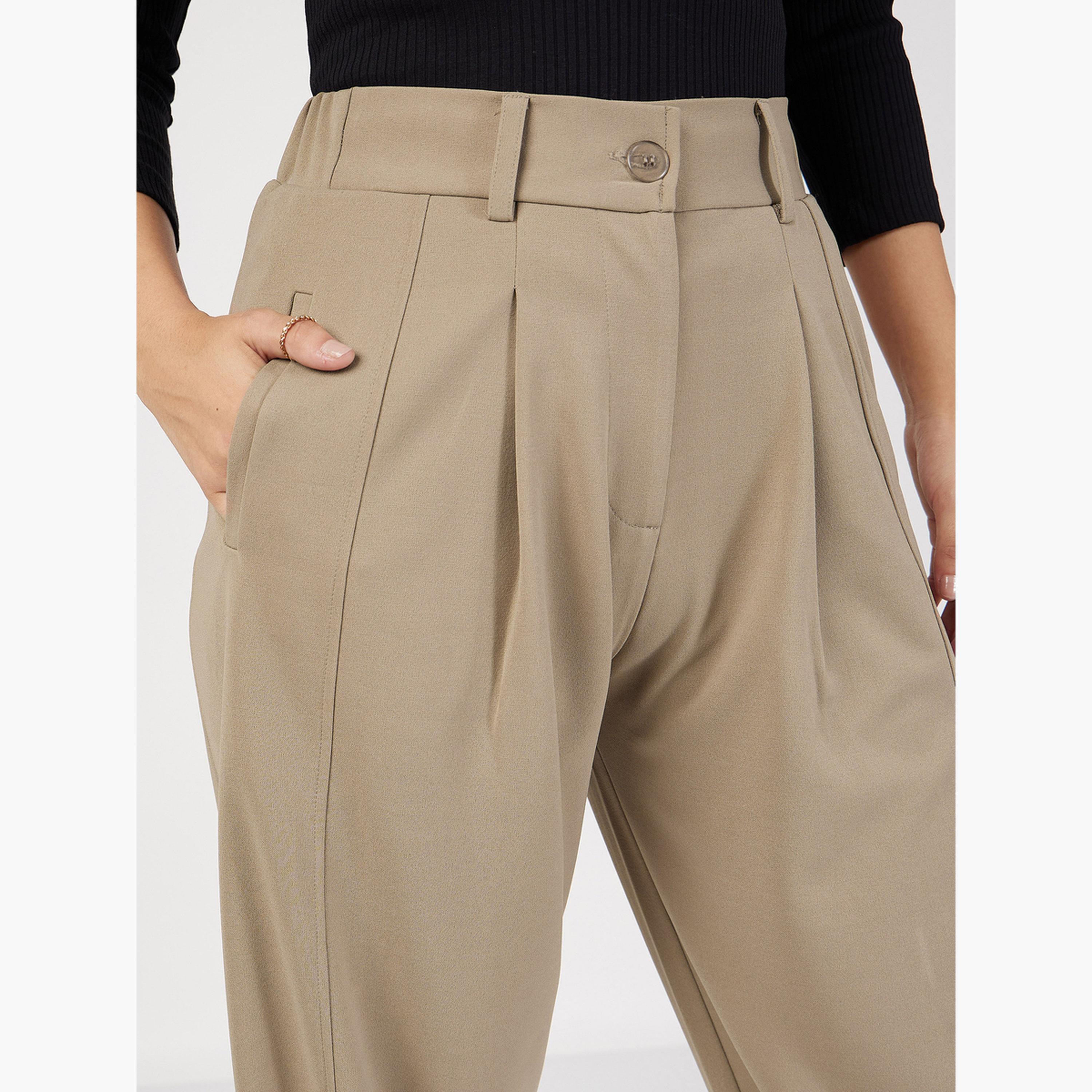 ساسافراس - بنطال بالون ذو حافة أزرار مطوية لون بيج سادة للنساء-women-clothing-bottoms-trousers-image-4
