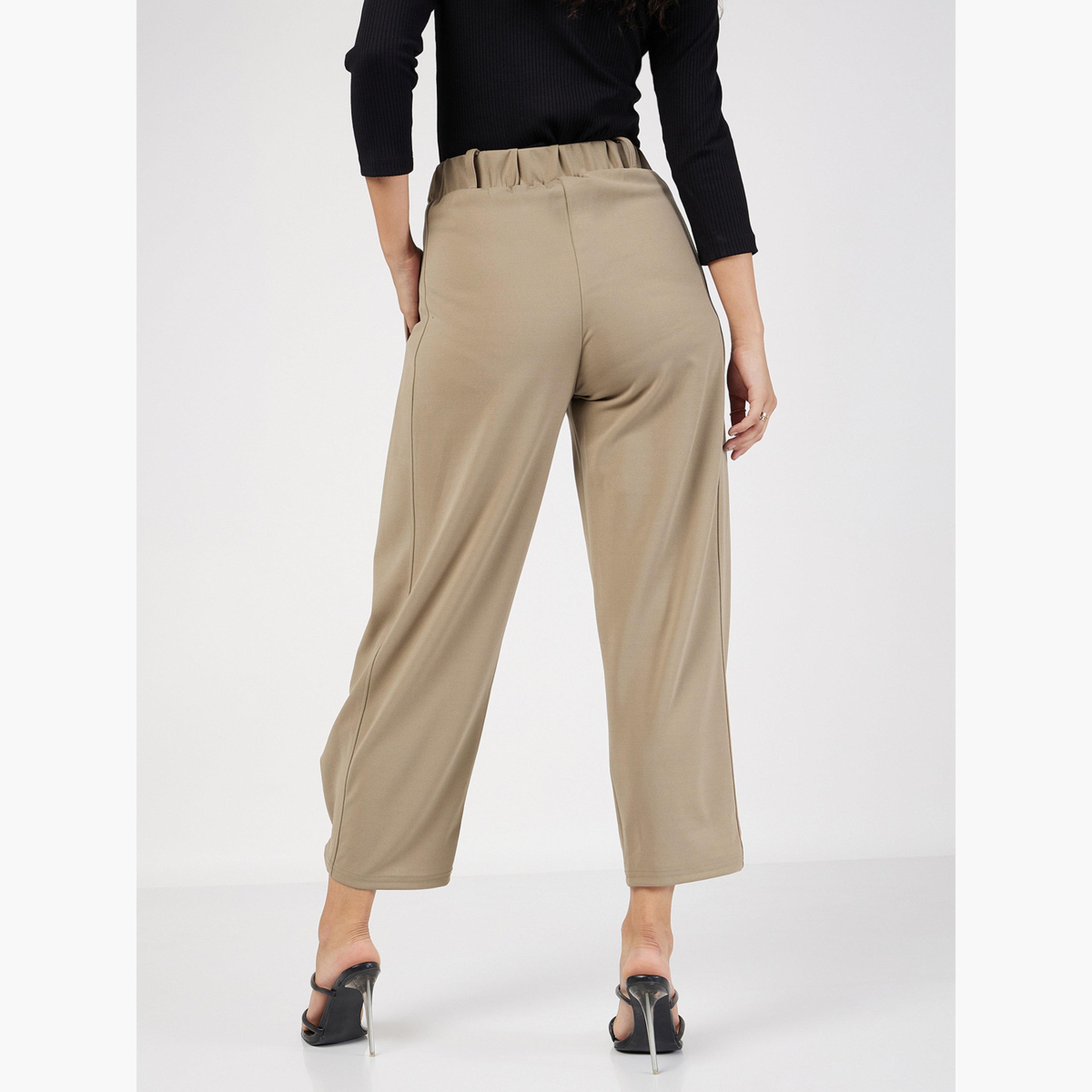 ساسافراس - بنطال بالون ذو حافة أزرار مطوية لون بيج سادة للنساء-women-clothing-bottoms-trousers-image-5