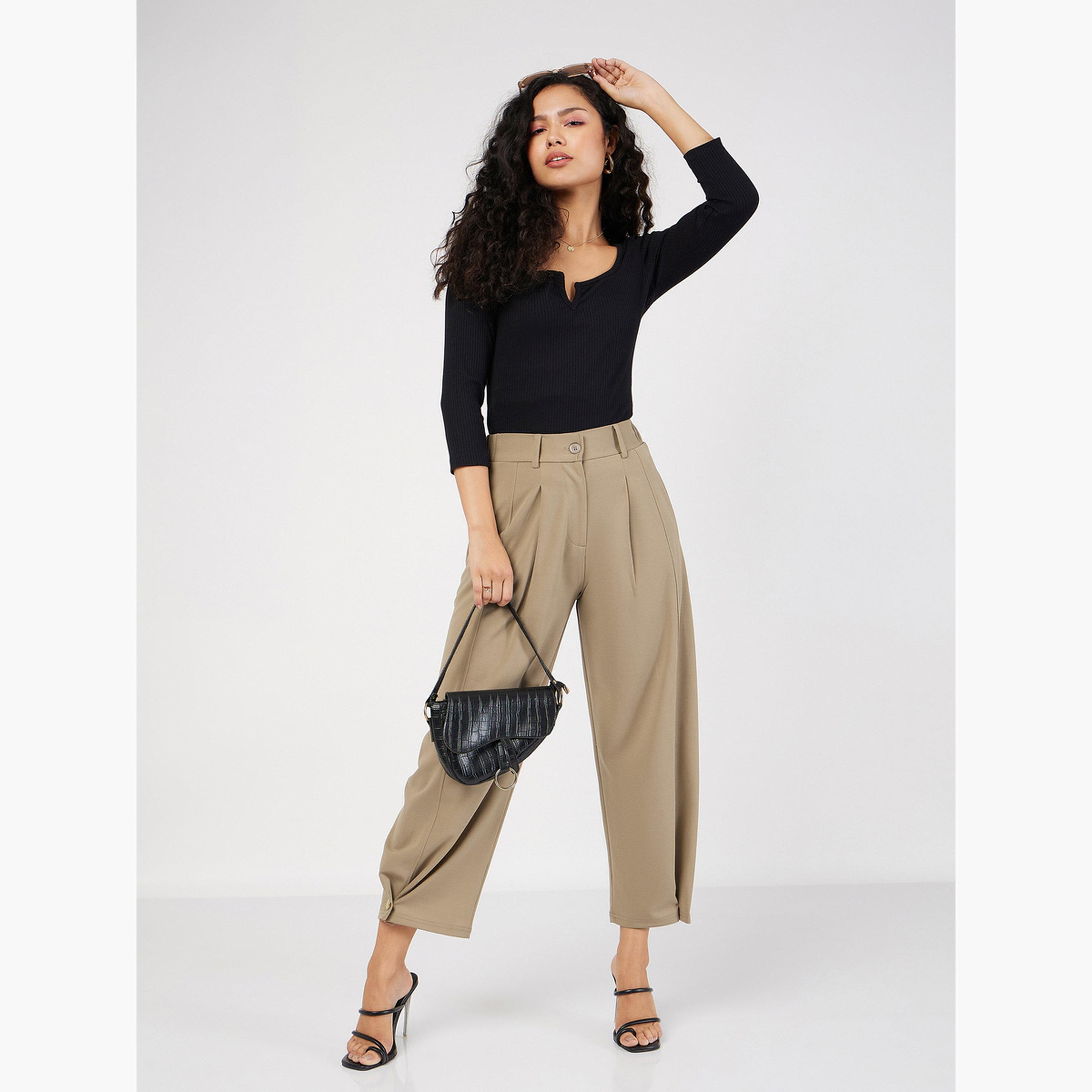 ساسافراس - بنطال بالون ذو حافة أزرار مطوية لون بيج سادة للنساء-women-clothing-bottoms-trousers-image-6