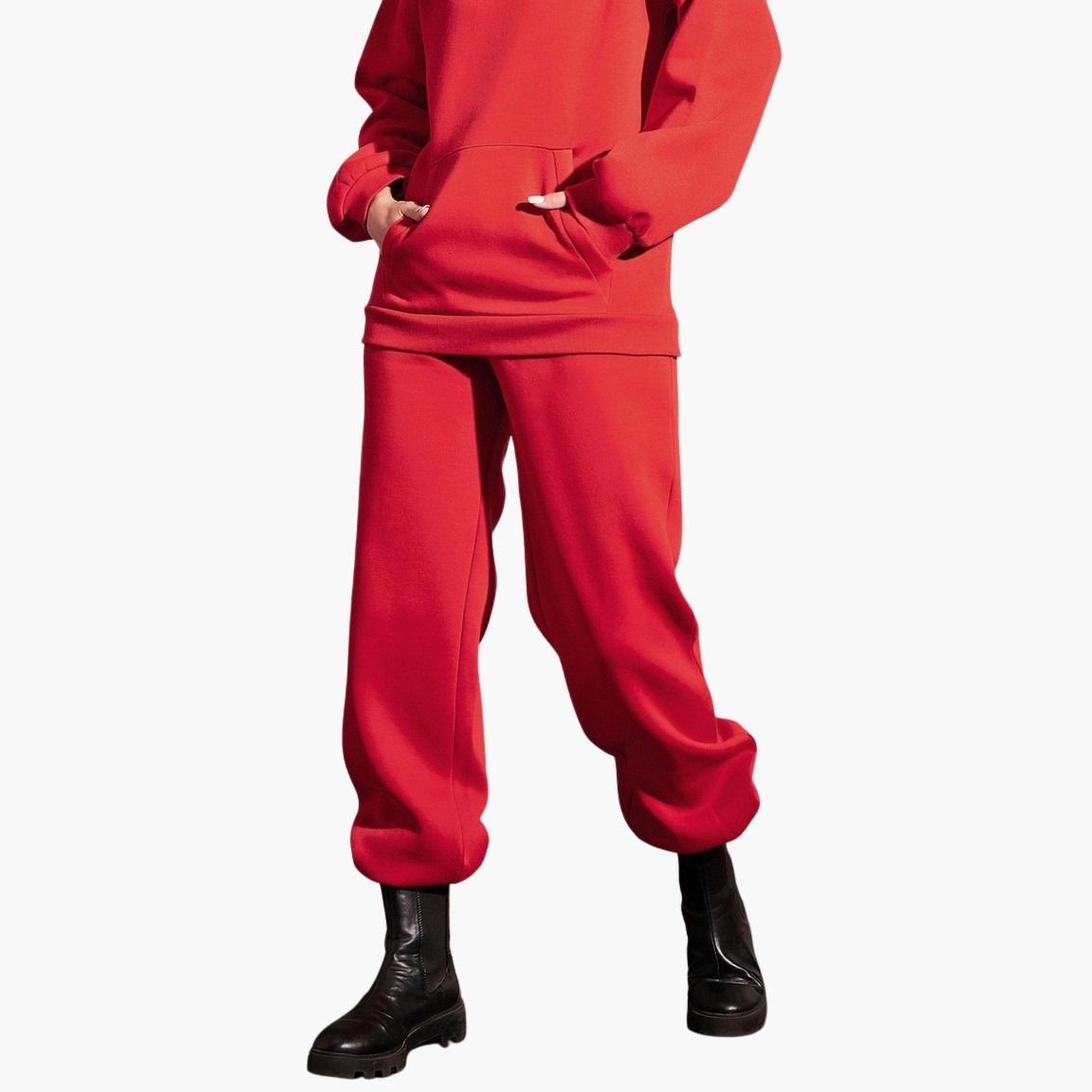 ساسافراس - بنطال رياضي فضفاض من الصوف السادة باللون الأحمر مع رباط للنساء-women-clothing-bottoms-joggers-image-3