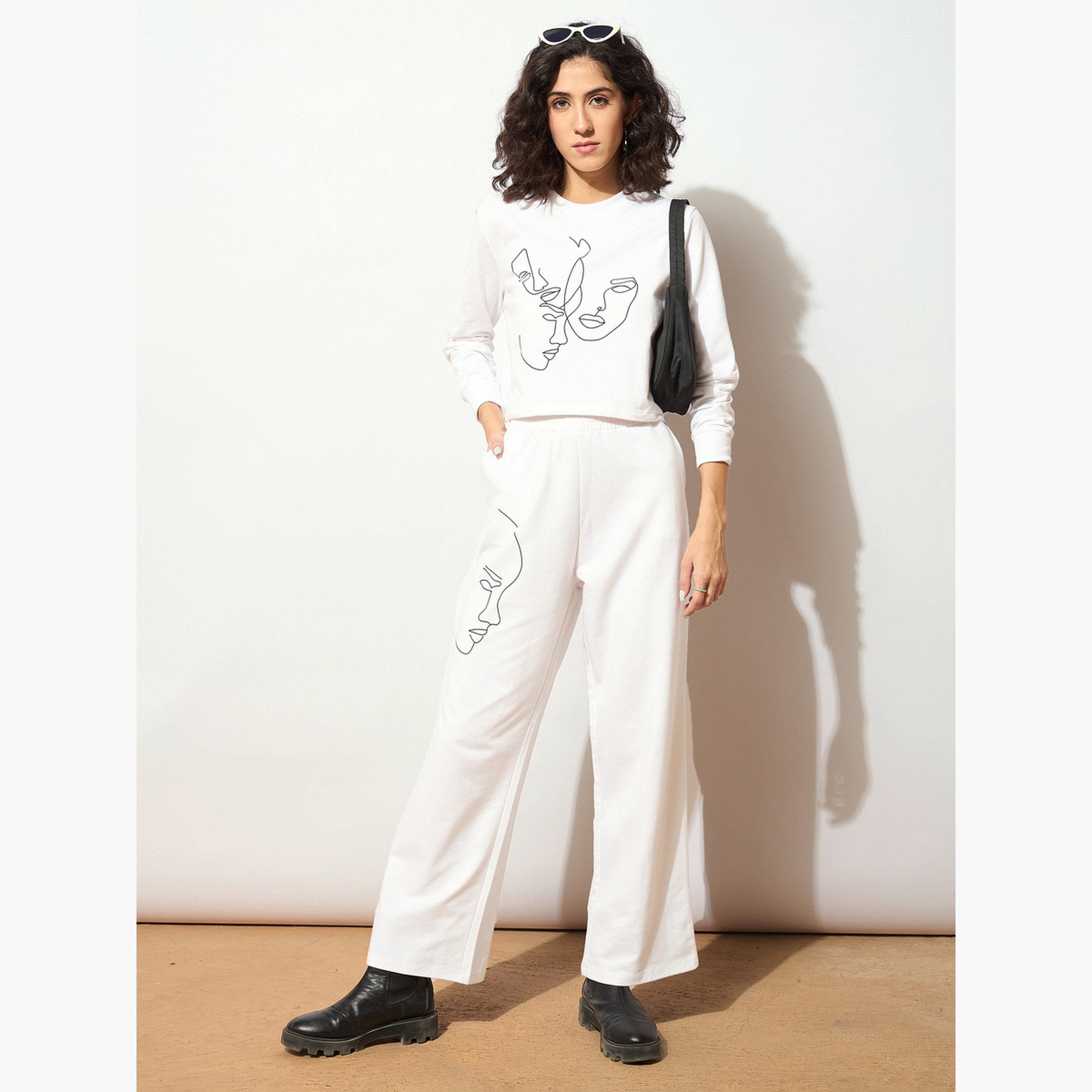 ساسافراس - بنطال تيري واسع الساق نقشة فنية بخطوط بيضاء للنساء-women-clothing-bottoms-trousers-image-2