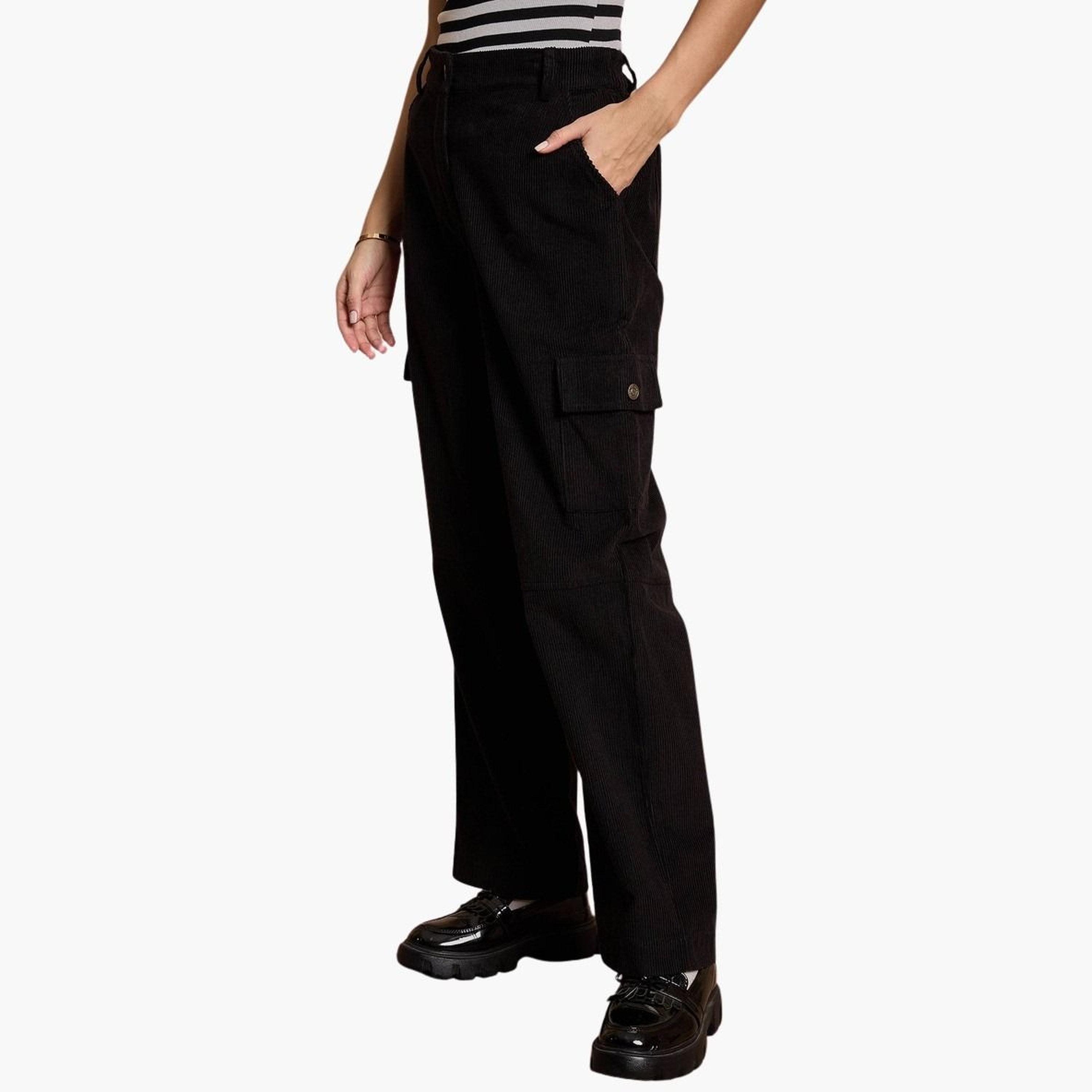 ساسافراس - بنطال كارجو أسود سادة من قماش مخملي مستقيم للنساء-women-clothing-bottoms-trousers-image-3