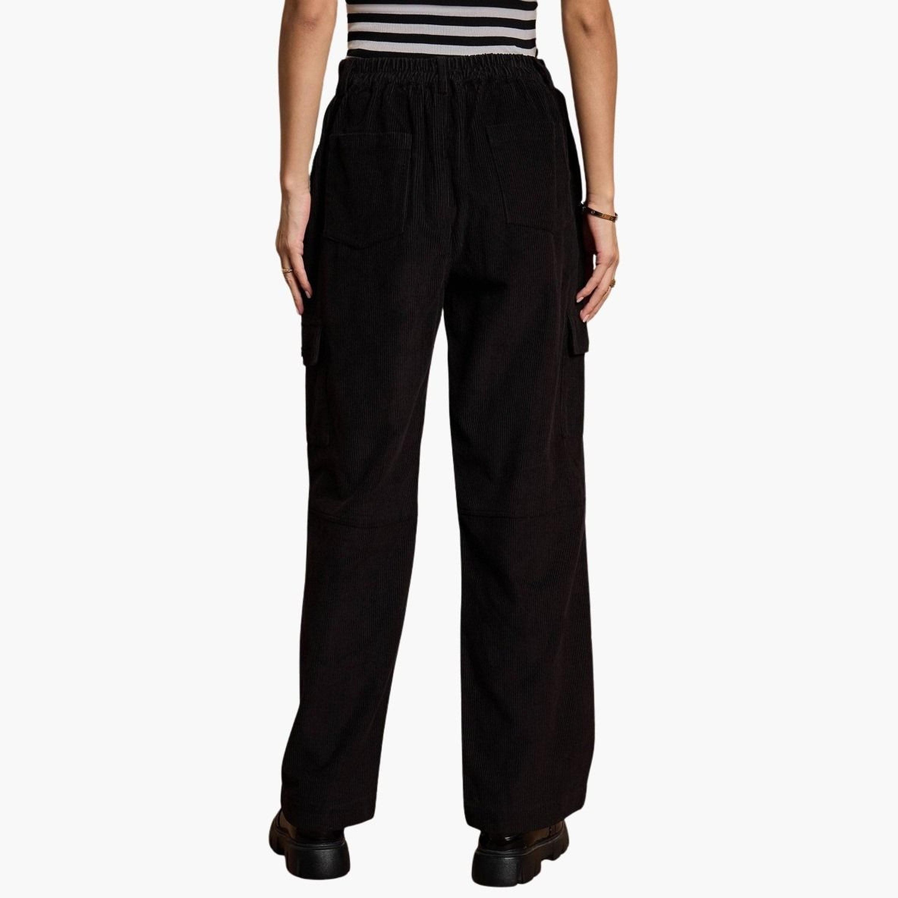 ساسافراس - بنطال كارجو أسود سادة من قماش مخملي مستقيم للنساء-women-clothing-bottoms-trousers-image-5