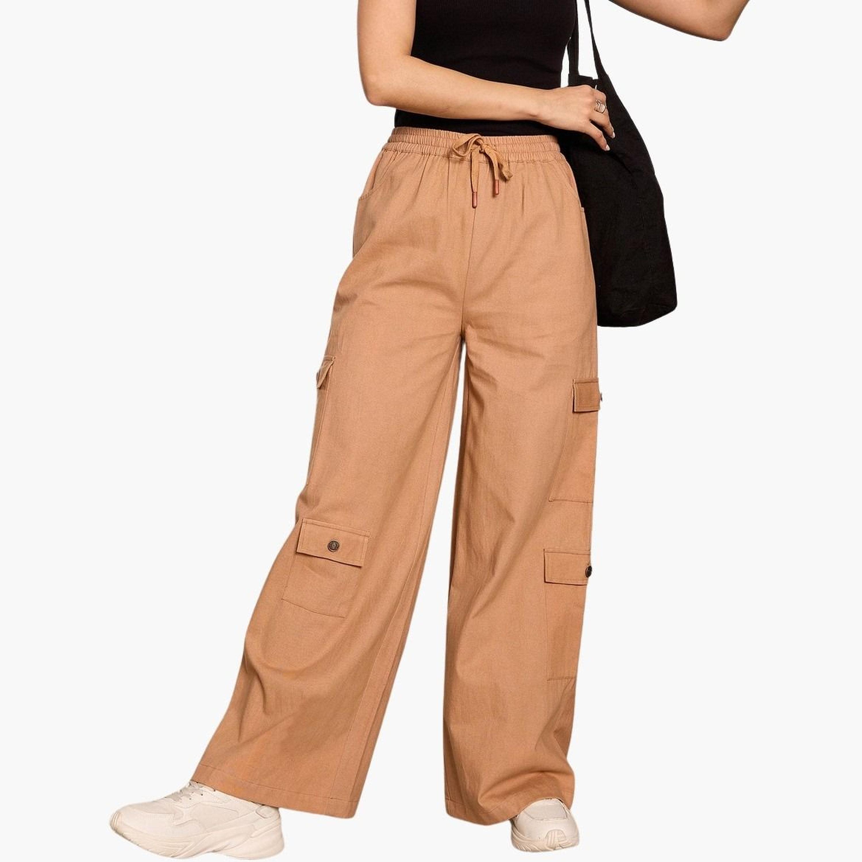 Sassafras Women Brown Solid Twill Drawstring Cargo Pants-women-clothing-bottoms-trousers-image-1