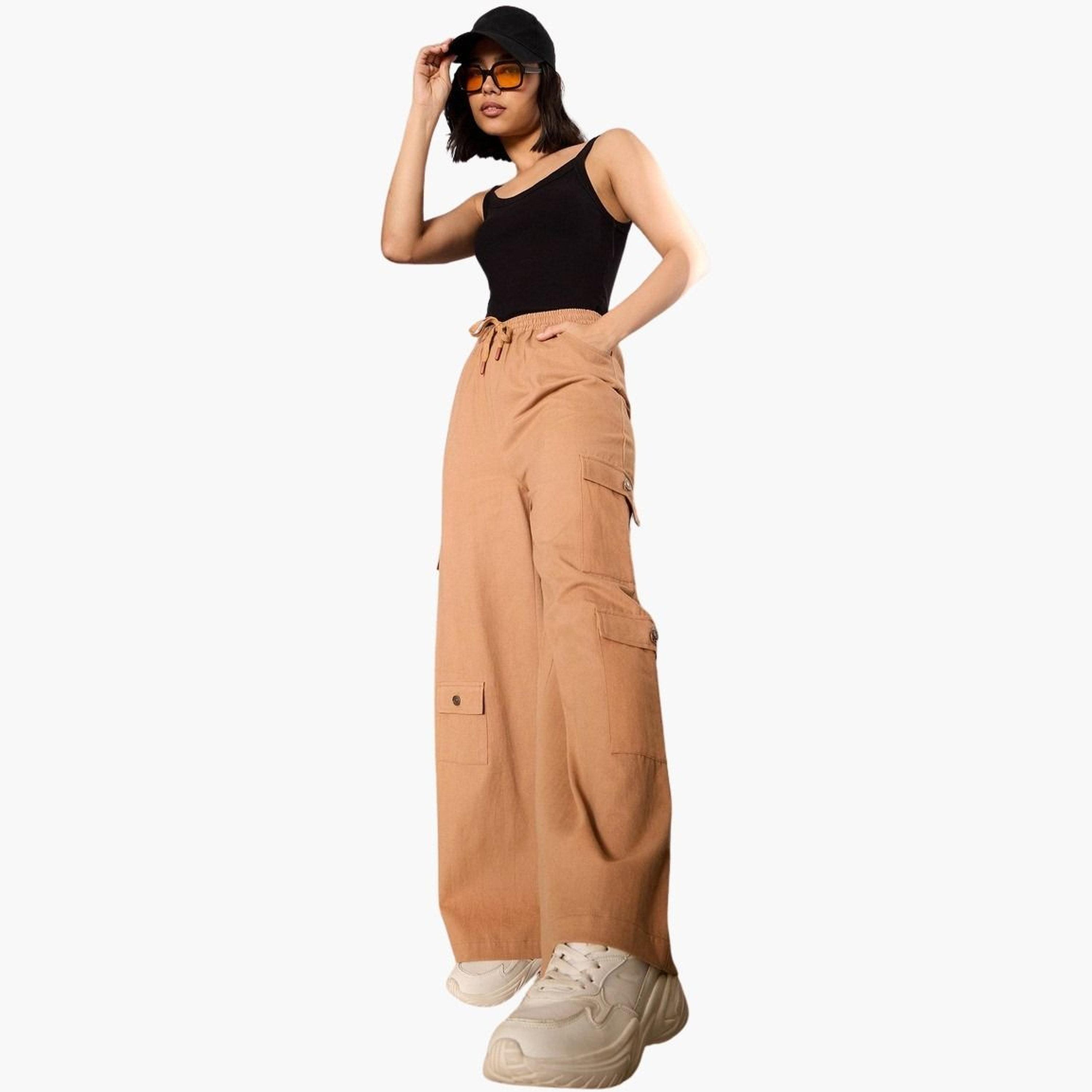 Sassafras Women Brown Solid Twill Drawstring Cargo Pants-women-clothing-bottoms-trousers-image-2