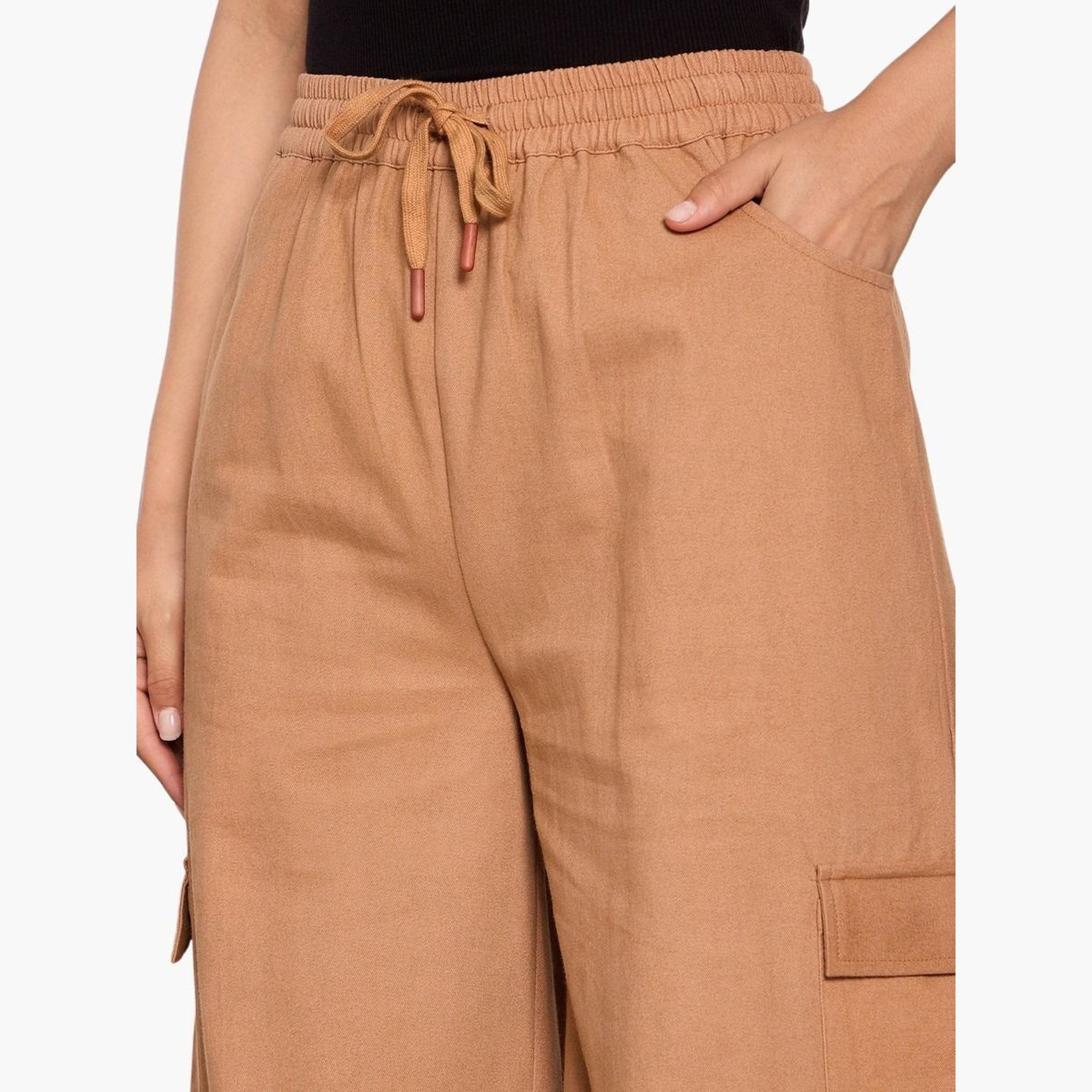 ساسافراس - بنطال كارغو بني سادة من قماش التويل برباط للنساء-women-clothing-bottoms-trousers-image-4