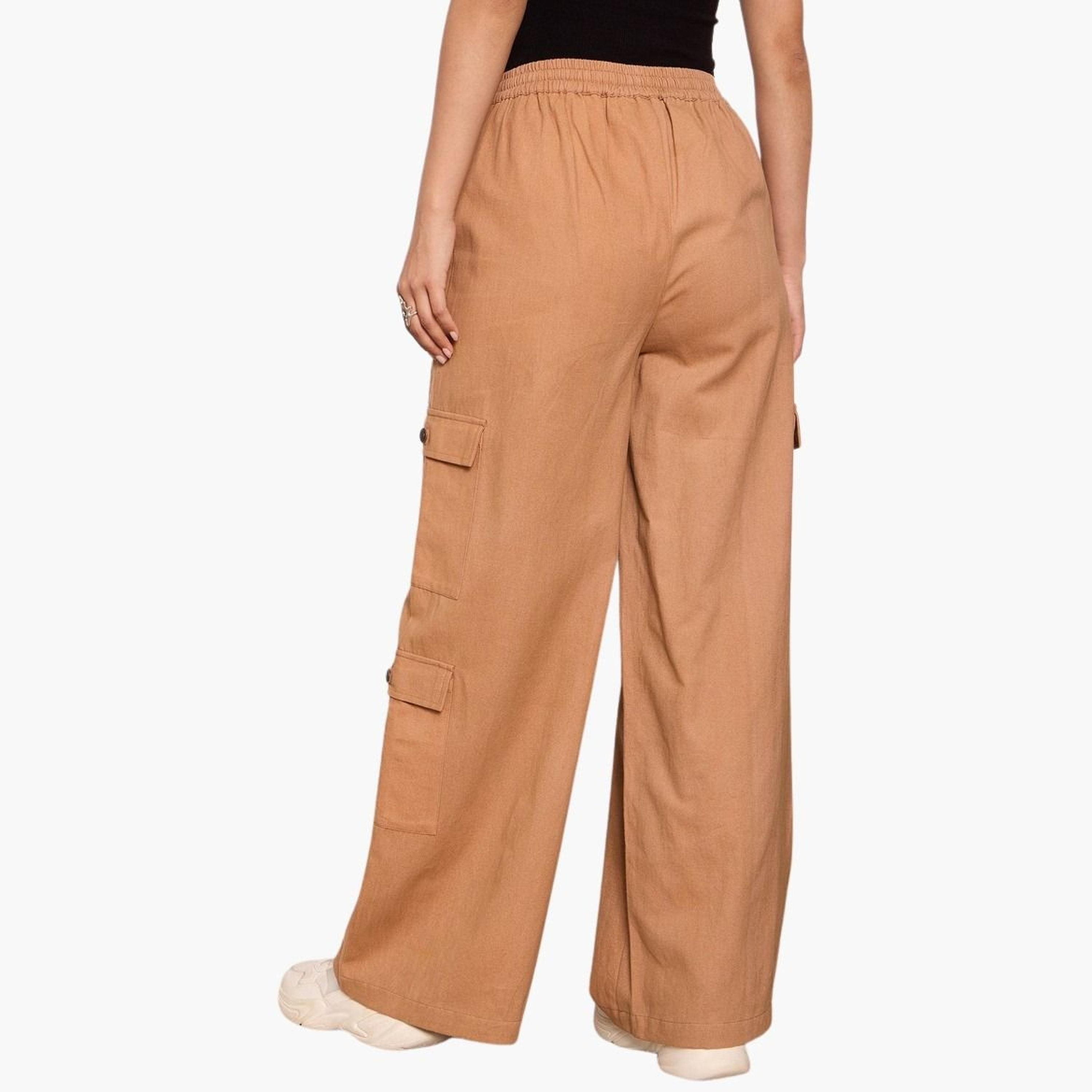 ساسافراس - بنطال كارغو بني سادة من قماش التويل برباط للنساء-women-clothing-bottoms-trousers-image-5