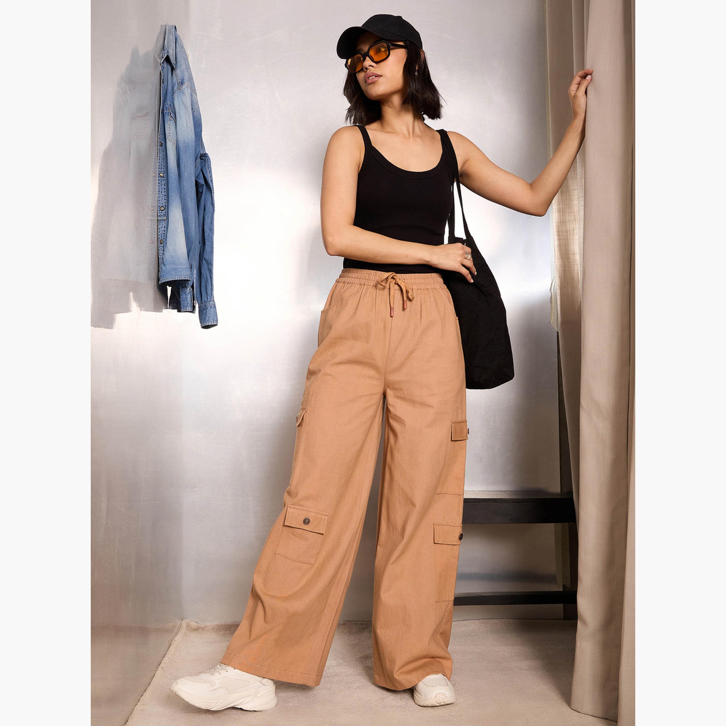 ساسافراس - بنطال كارغو بني سادة من قماش التويل برباط للنساء-women-clothing-bottoms-trousers-image-6
