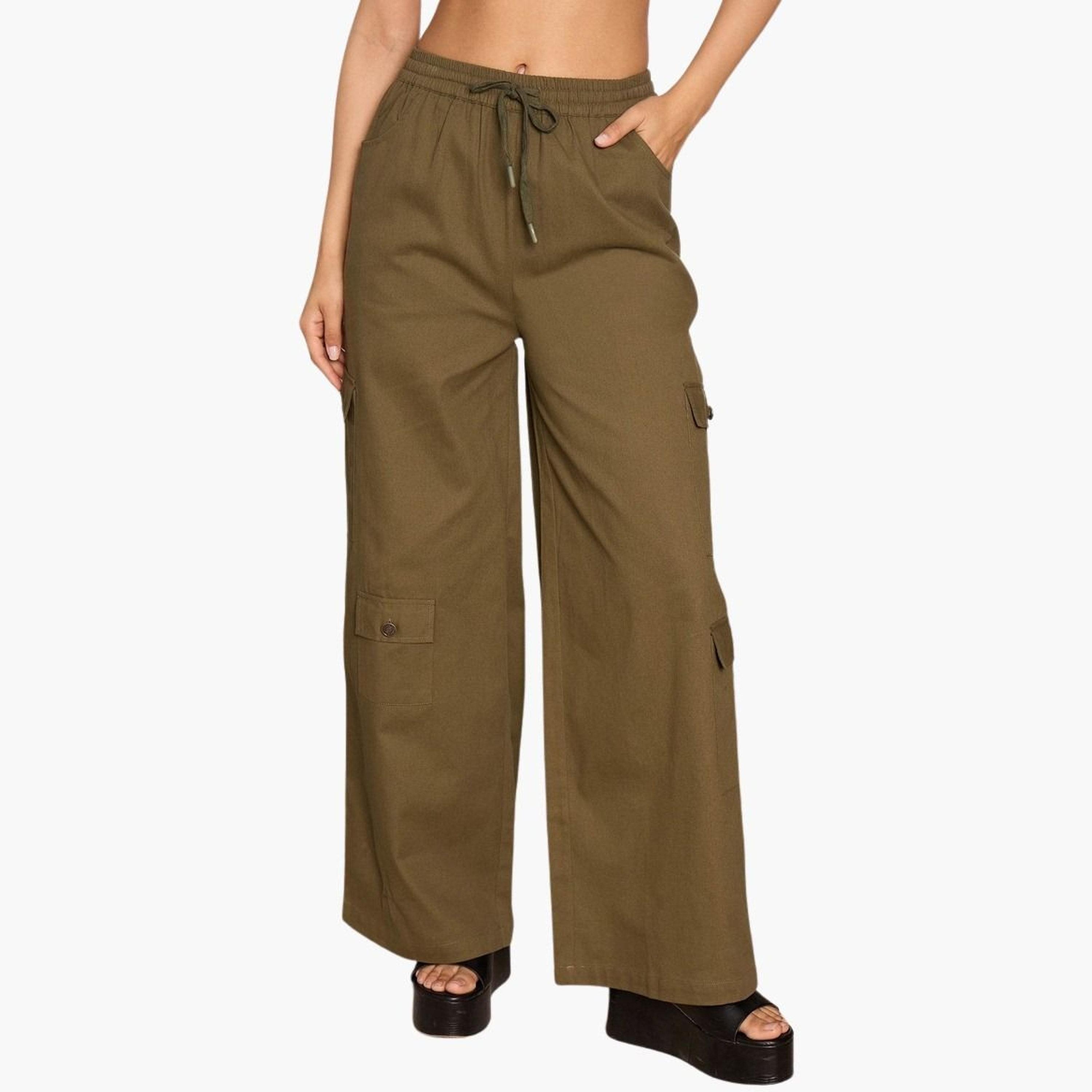 ساسافراس - بنطال كارغو زيتوني سادة برباط من التويل للنساء-women-clothing-bottoms-trousers-image-1