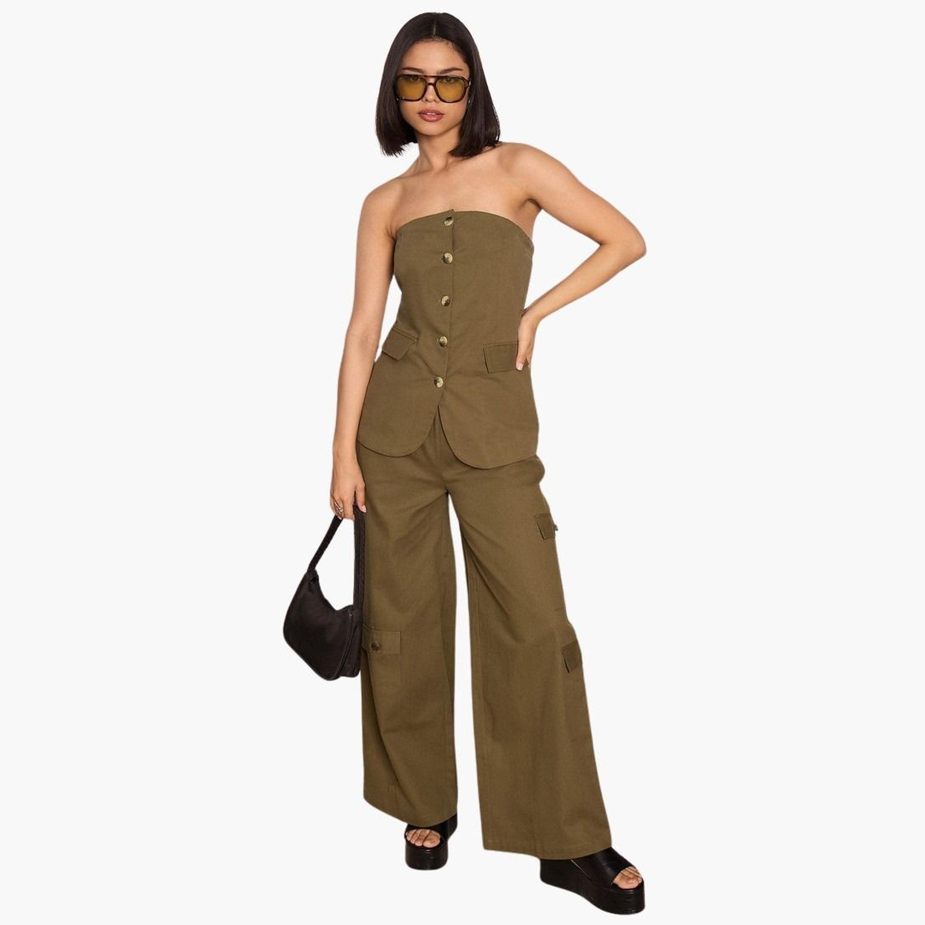 ساسافراس - بنطال كارغو زيتوني سادة برباط من التويل للنساء-women-clothing-bottoms-trousers-image-2