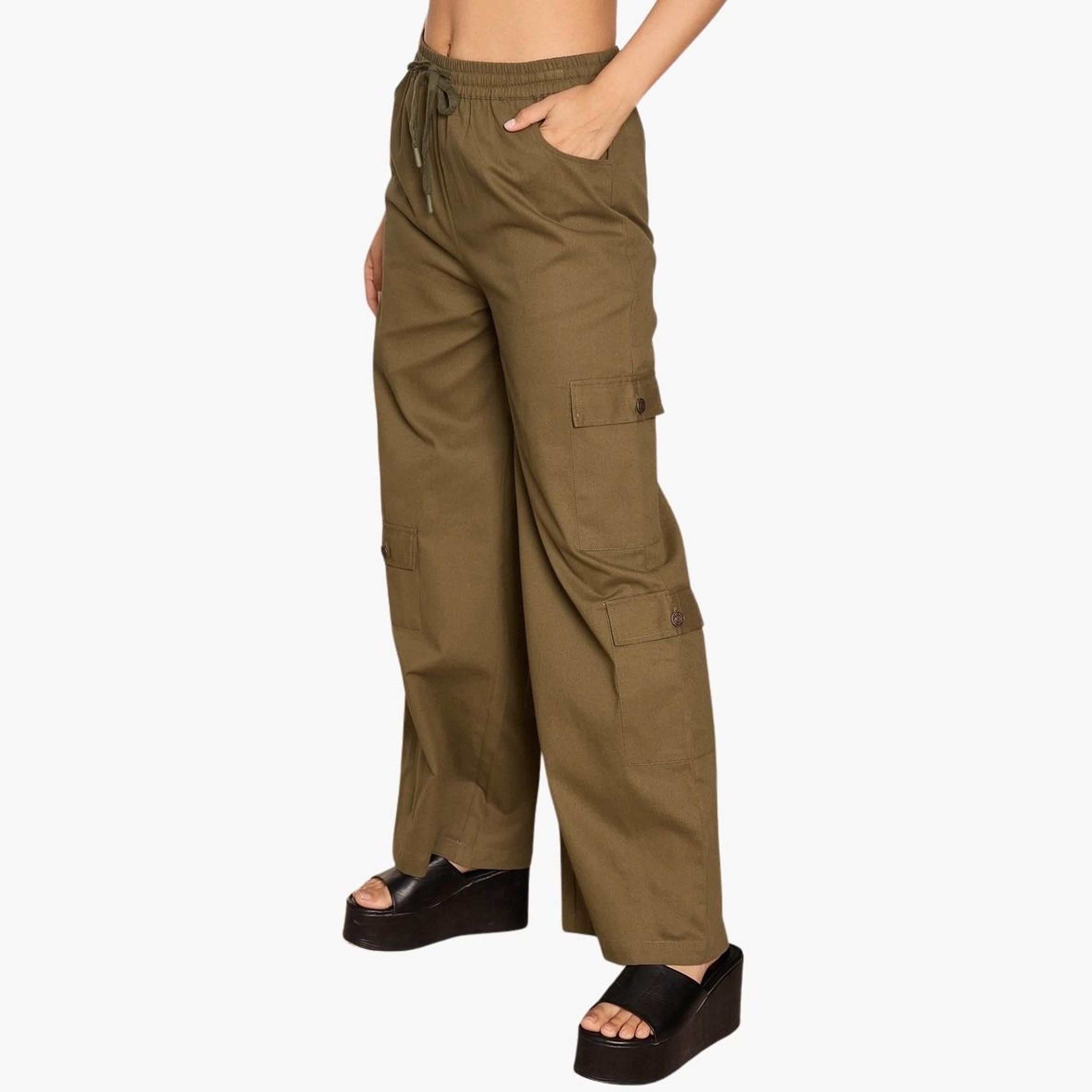 ساسافراس - بنطال كارغو زيتوني سادة برباط من التويل للنساء-women-clothing-bottoms-trousers-image-3