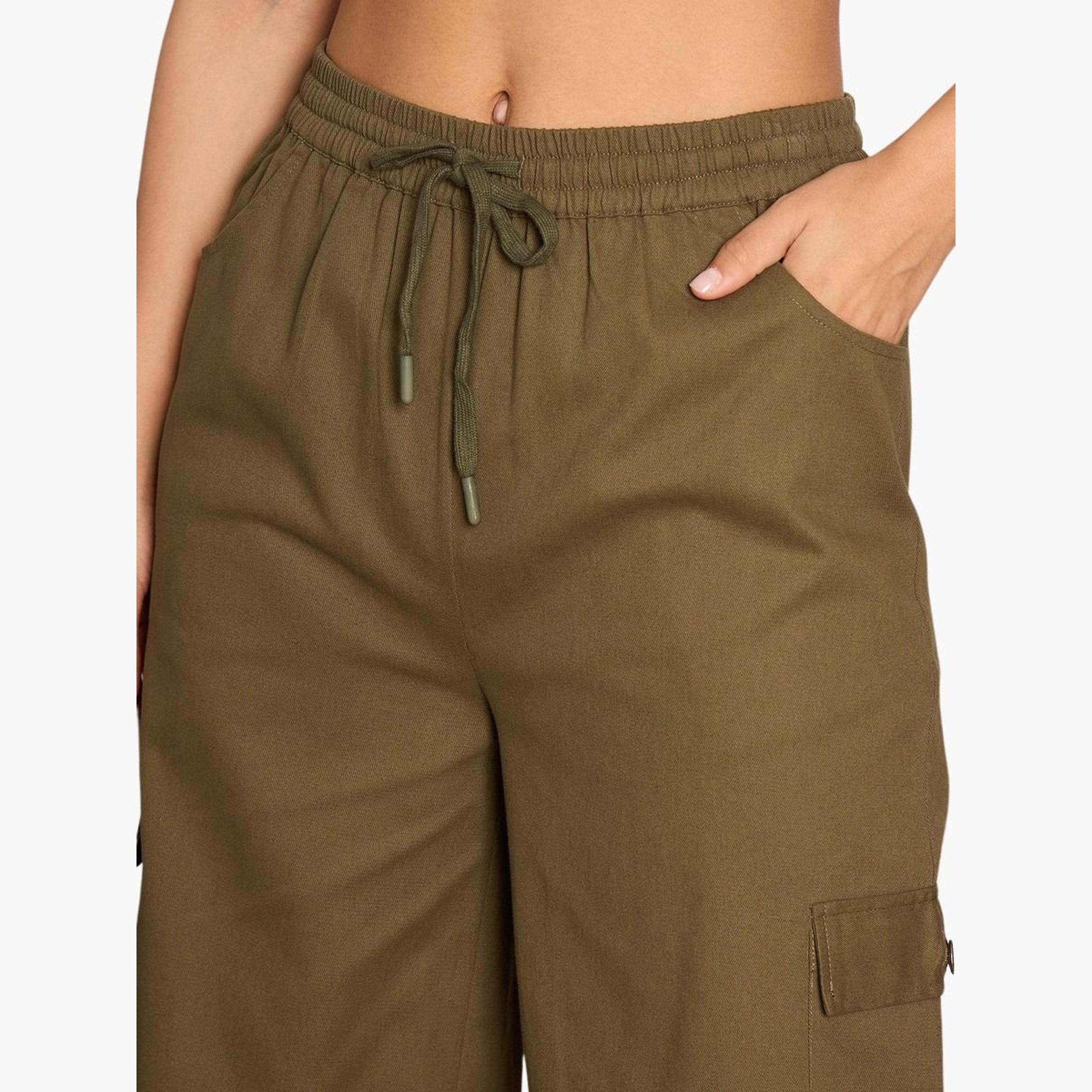 ساسافراس - بنطال كارغو زيتوني سادة برباط من التويل للنساء-women-clothing-bottoms-trousers-image-4