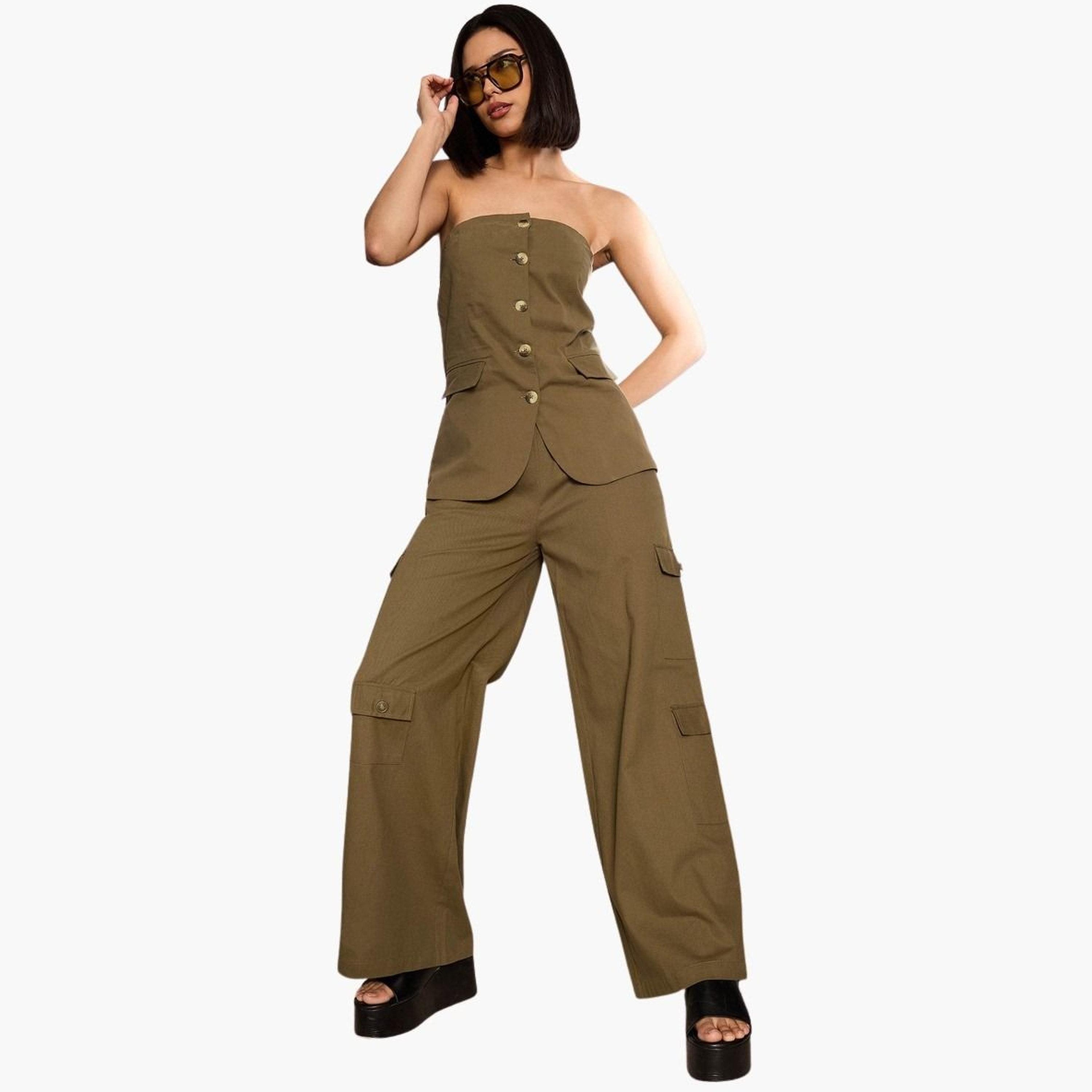 ساسافراس - بنطال كارغو زيتوني سادة برباط من التويل للنساء-women-clothing-bottoms-trousers-image-6
