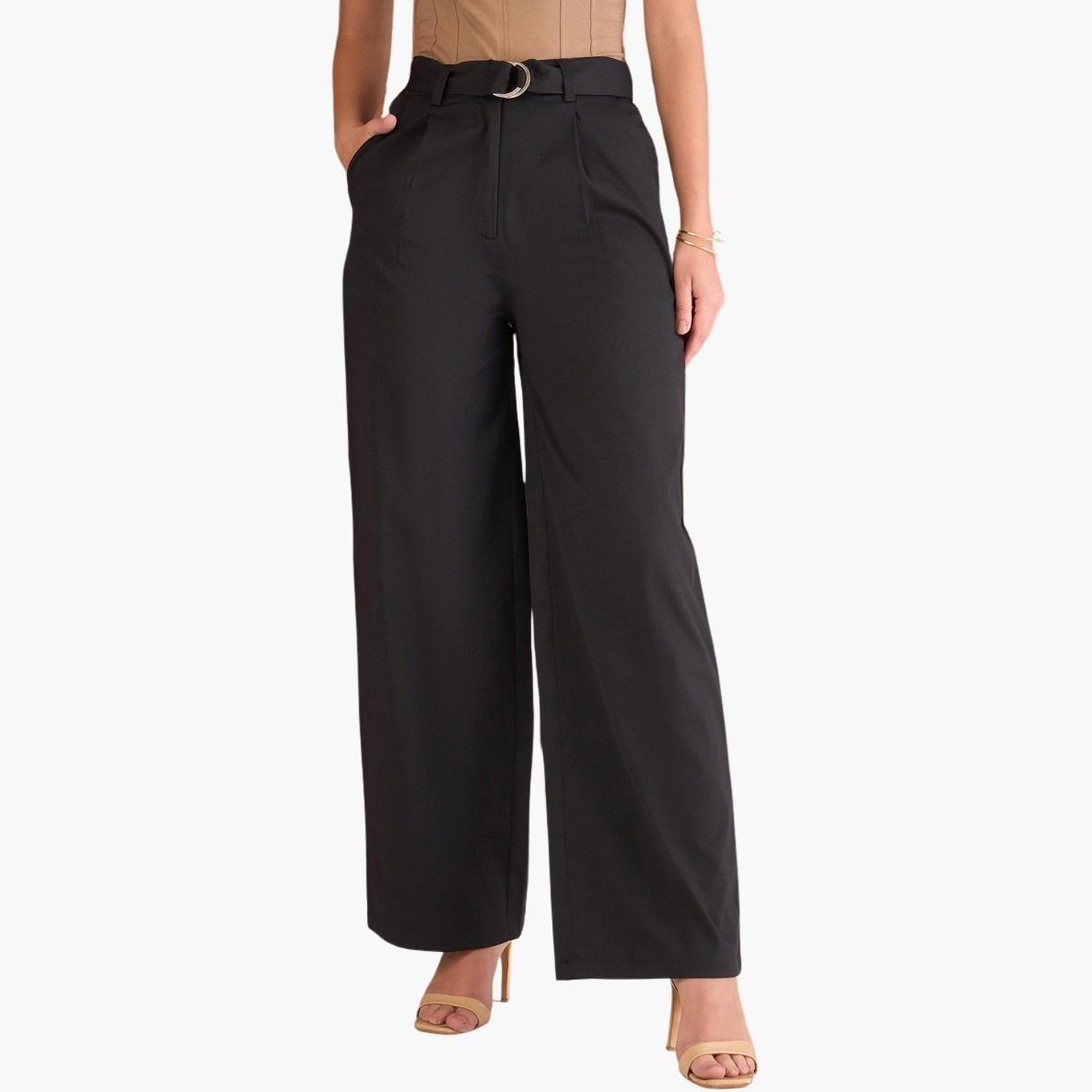 ساسافراس - بنطال أسود سادة بقصّة مستقيمة ومطويّ للنساء-women-clothing-bottoms-trousers-image-1