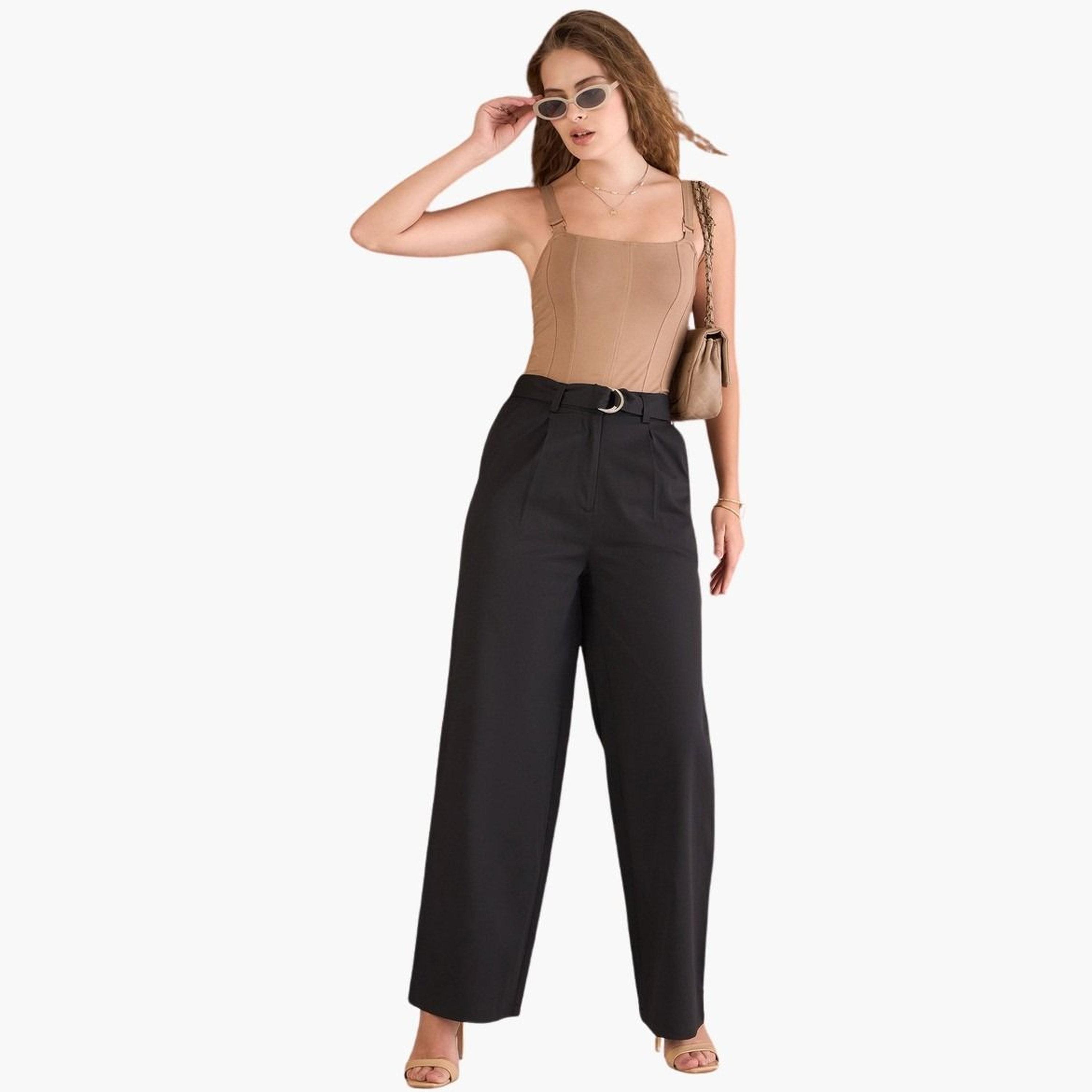 ساسافراس - بنطال أسود سادة بقصّة مستقيمة ومطويّ للنساء-women-clothing-bottoms-trousers-image-2