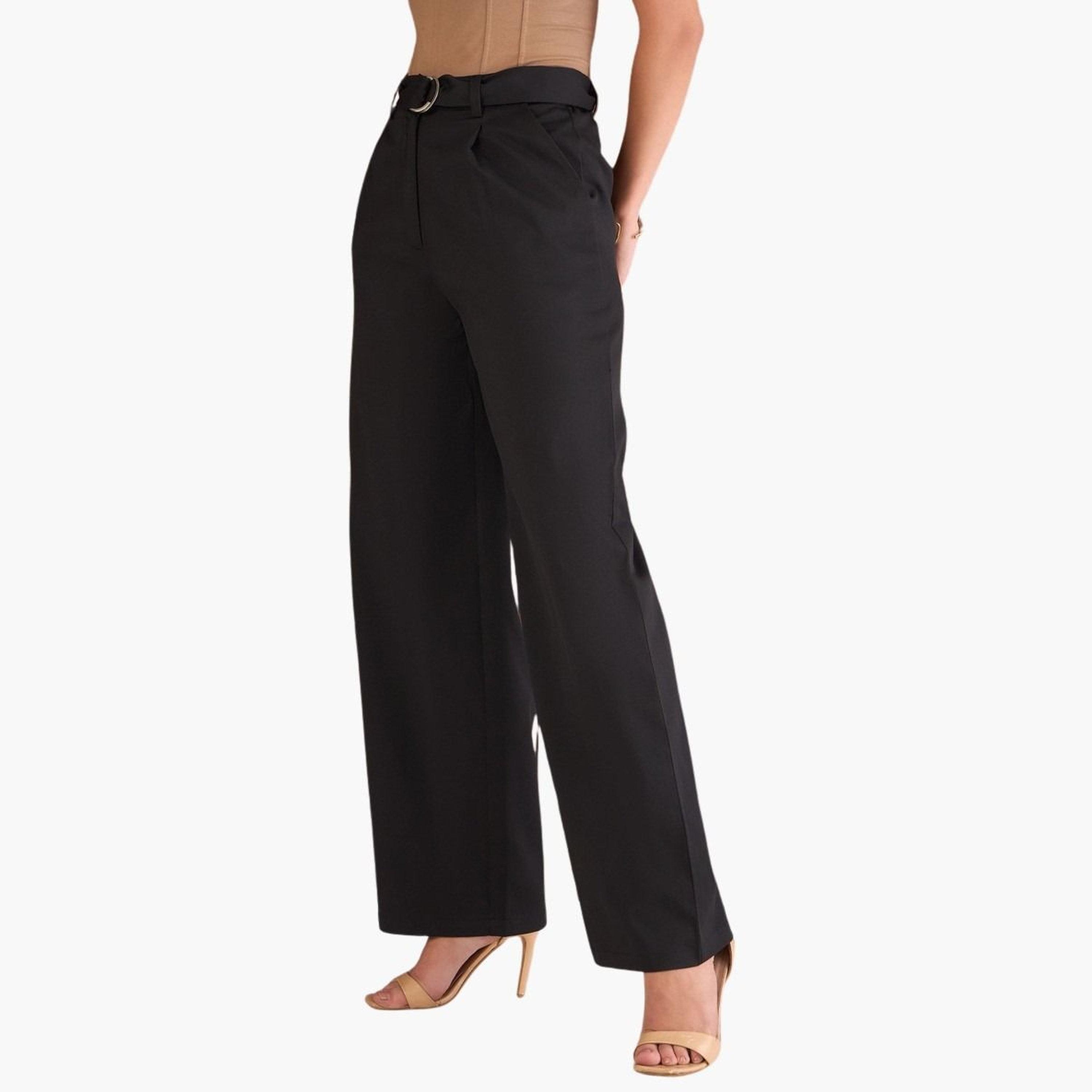 ساسافراس - بنطال أسود سادة بقصّة مستقيمة ومطويّ للنساء-women-clothing-bottoms-trousers-image-3