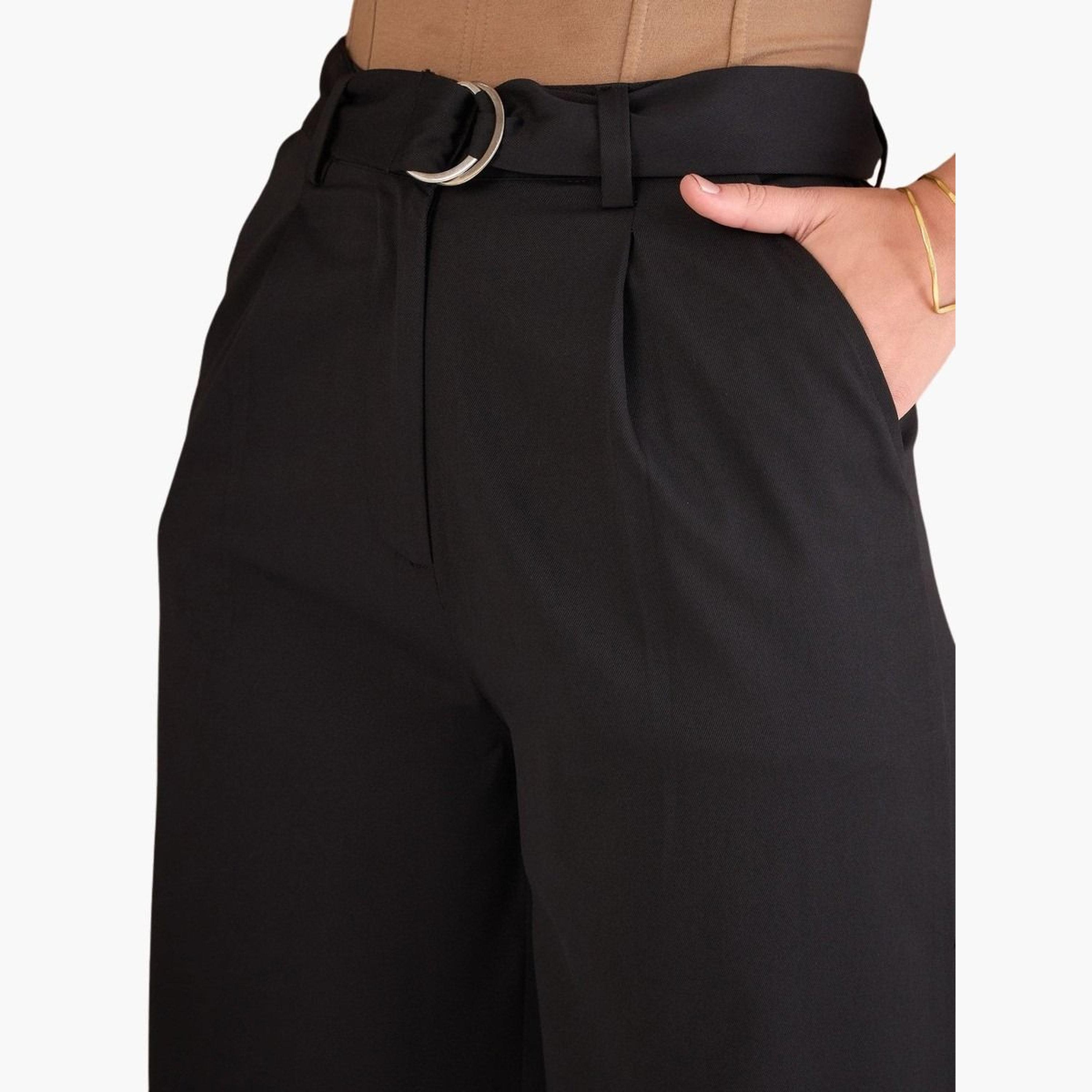 ساسافراس - بنطال أسود سادة بقصّة مستقيمة ومطويّ للنساء-women-clothing-bottoms-trousers-image-4