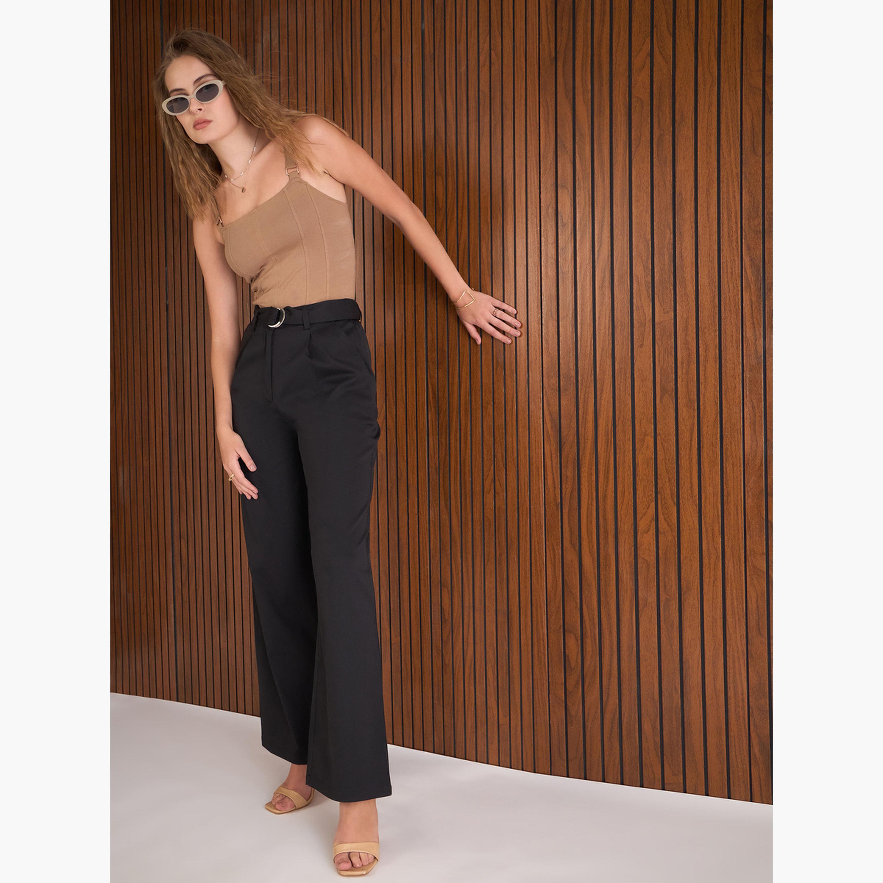 ساسافراس - بنطال أسود سادة بقصّة مستقيمة ومطويّ للنساء-women-clothing-bottoms-trousers-image-6