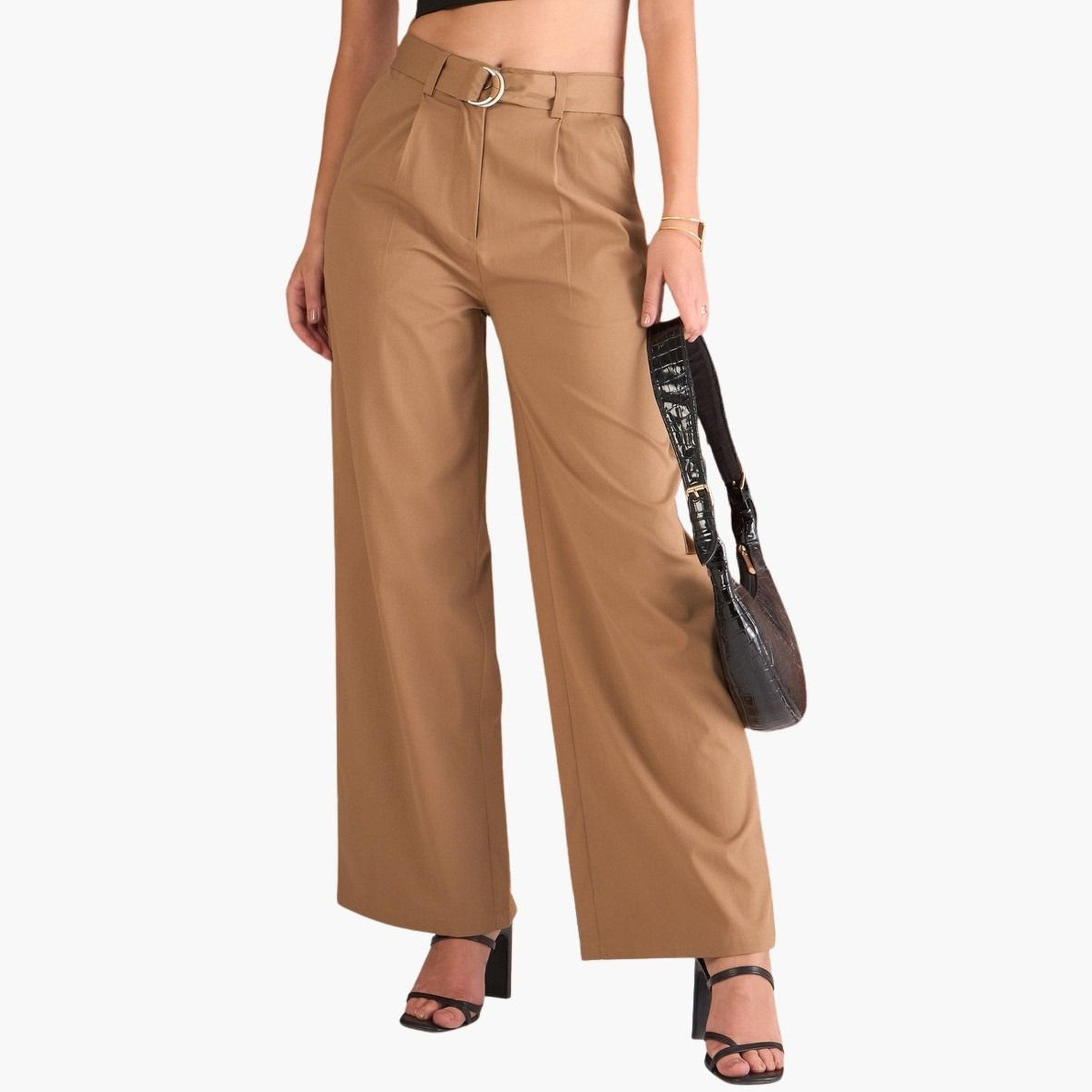 ساسافراس - بنطال بني سادة بقصّة مستقيمة ومطويّ للنساء-women-clothing-bottoms-trousers-image-1