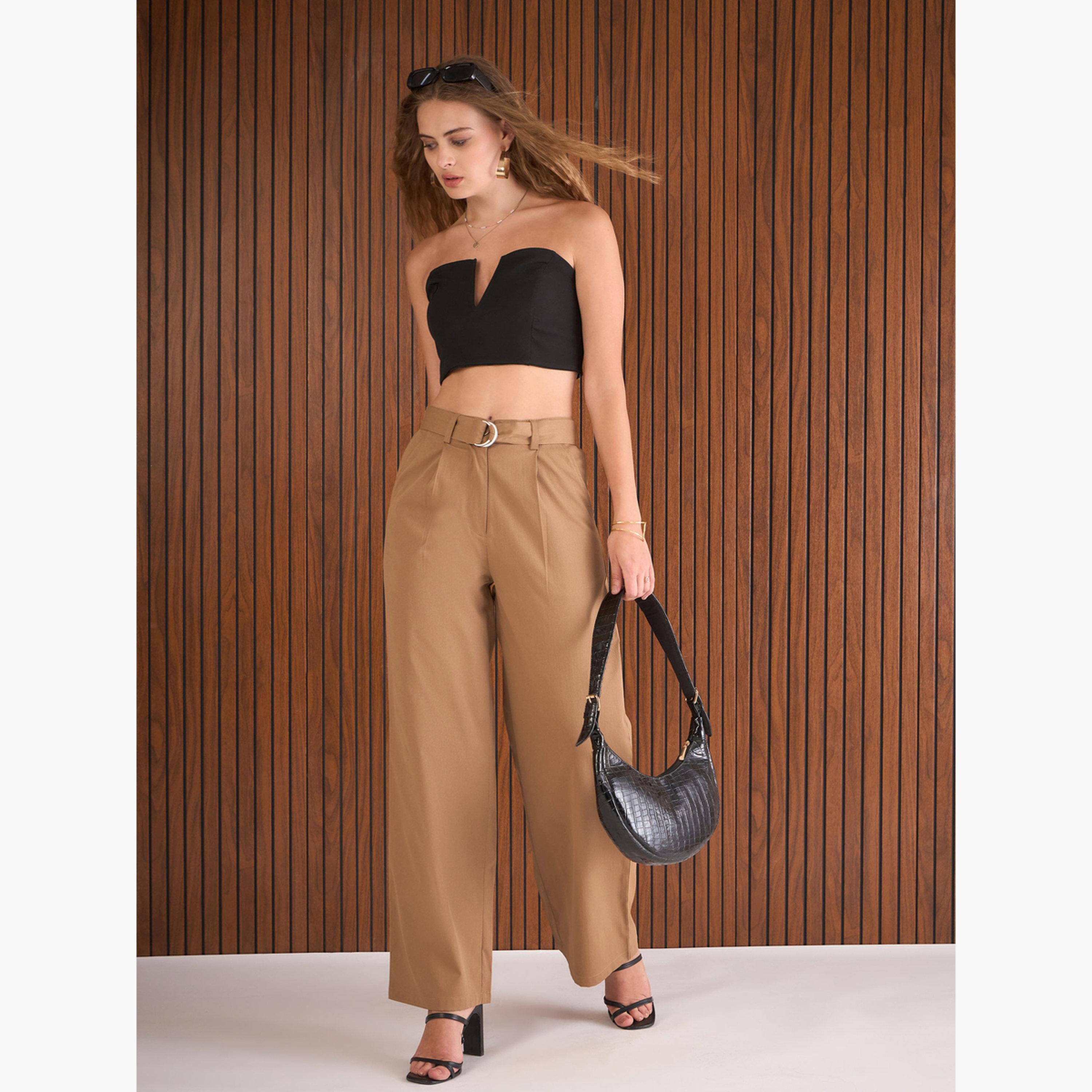 ساسافراس - بنطال بني سادة بقصّة مستقيمة ومطويّ للنساء-women-clothing-bottoms-trousers-image-2
