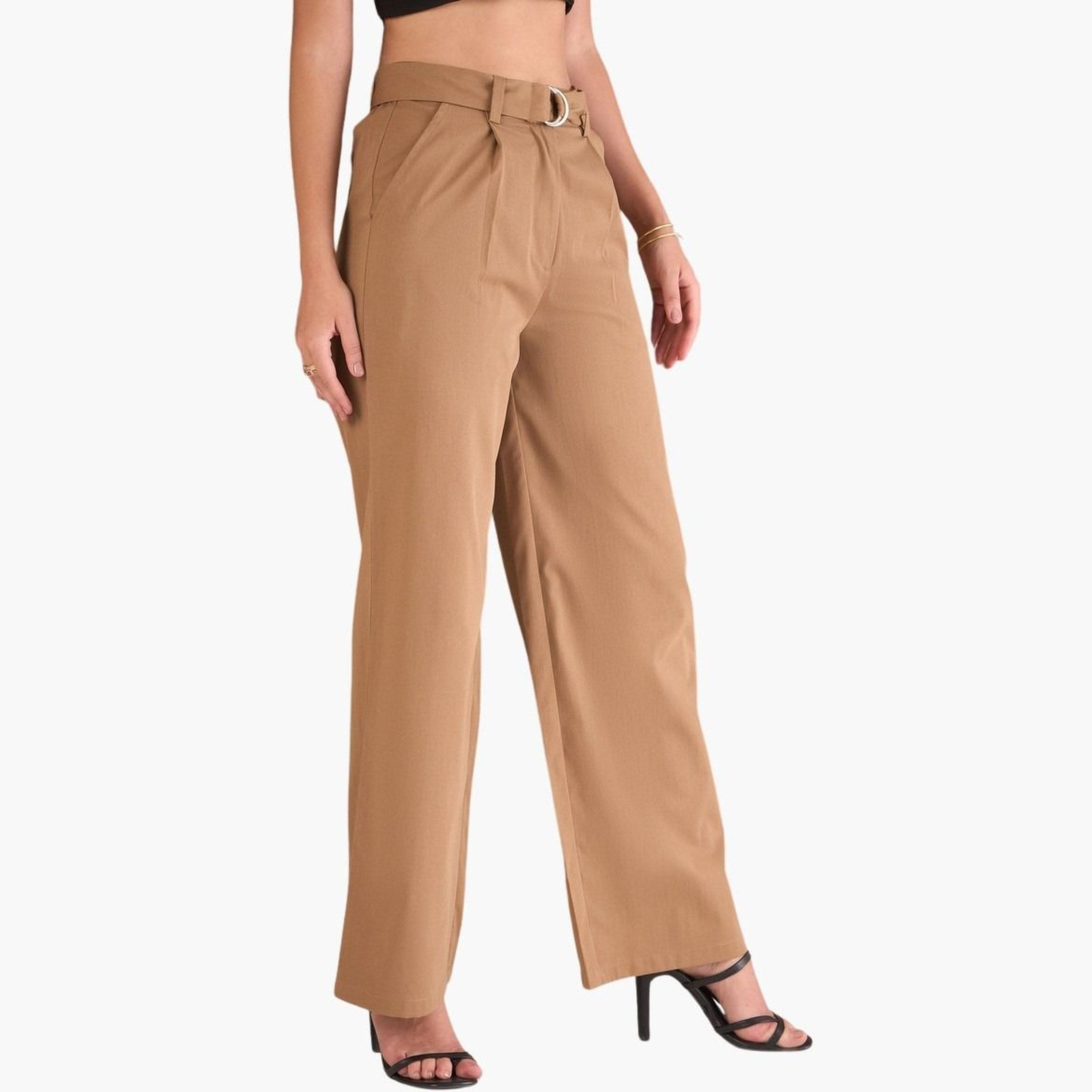 ساسافراس - بنطال بني سادة بقصّة مستقيمة ومطويّ للنساء-women-clothing-bottoms-trousers-image-3