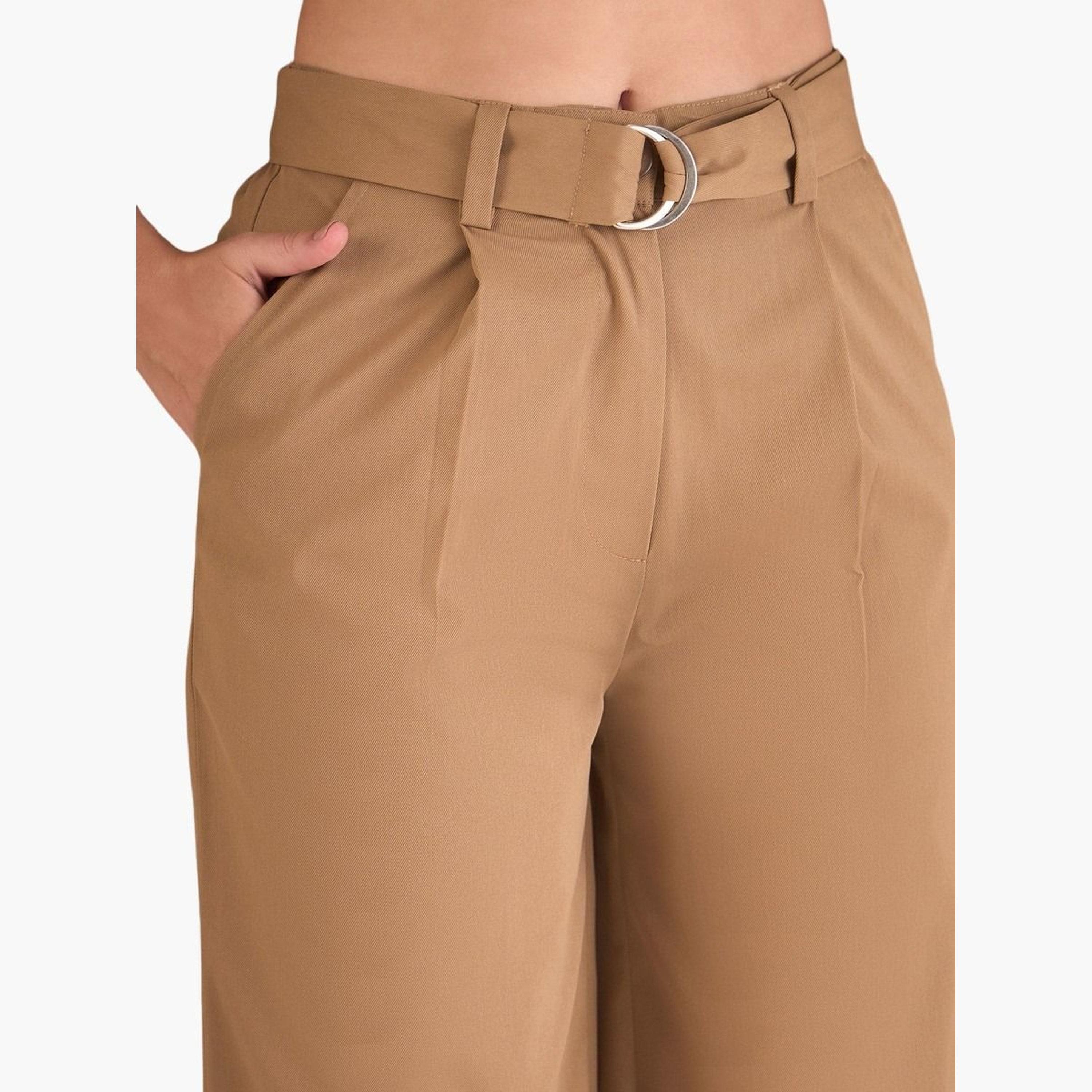 ساسافراس - بنطال بني سادة بقصّة مستقيمة ومطويّ للنساء-women-clothing-bottoms-trousers-image-4