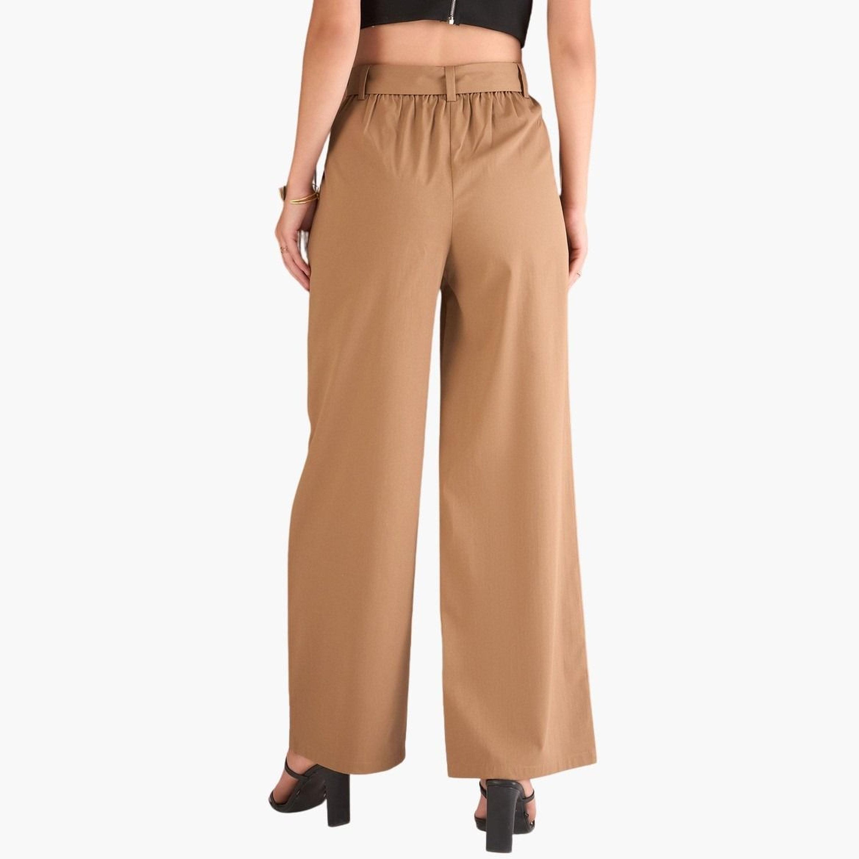 ساسافراس - بنطال بني سادة بقصّة مستقيمة ومطويّ للنساء-women-clothing-bottoms-trousers-image-5