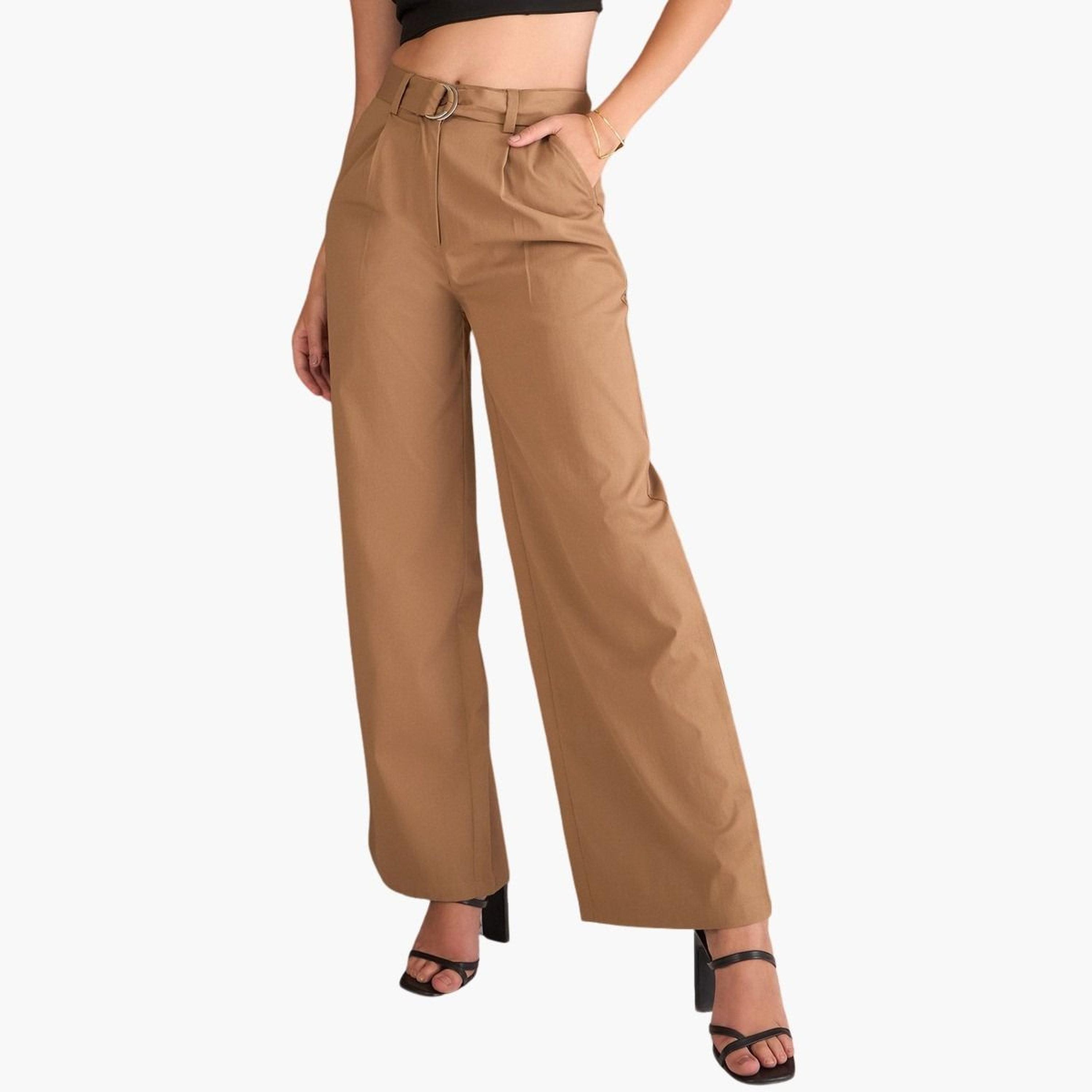 ساسافراس - بنطال بني سادة بقصّة مستقيمة ومطويّ للنساء-women-clothing-bottoms-trousers-image-6