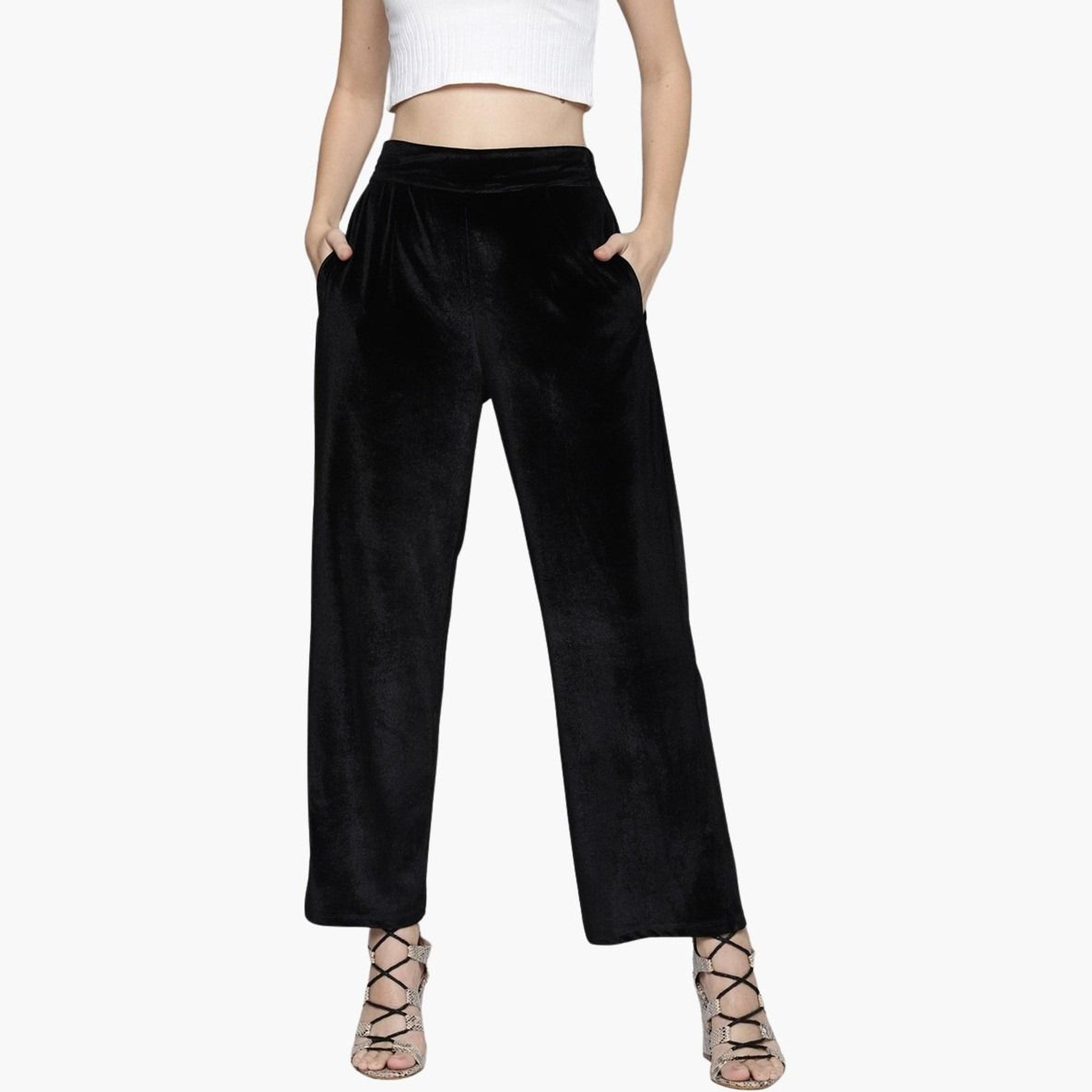 Sassafras Women Black Solid Velvet Straight Pants-women-clothing-bottoms-trousers-image-1