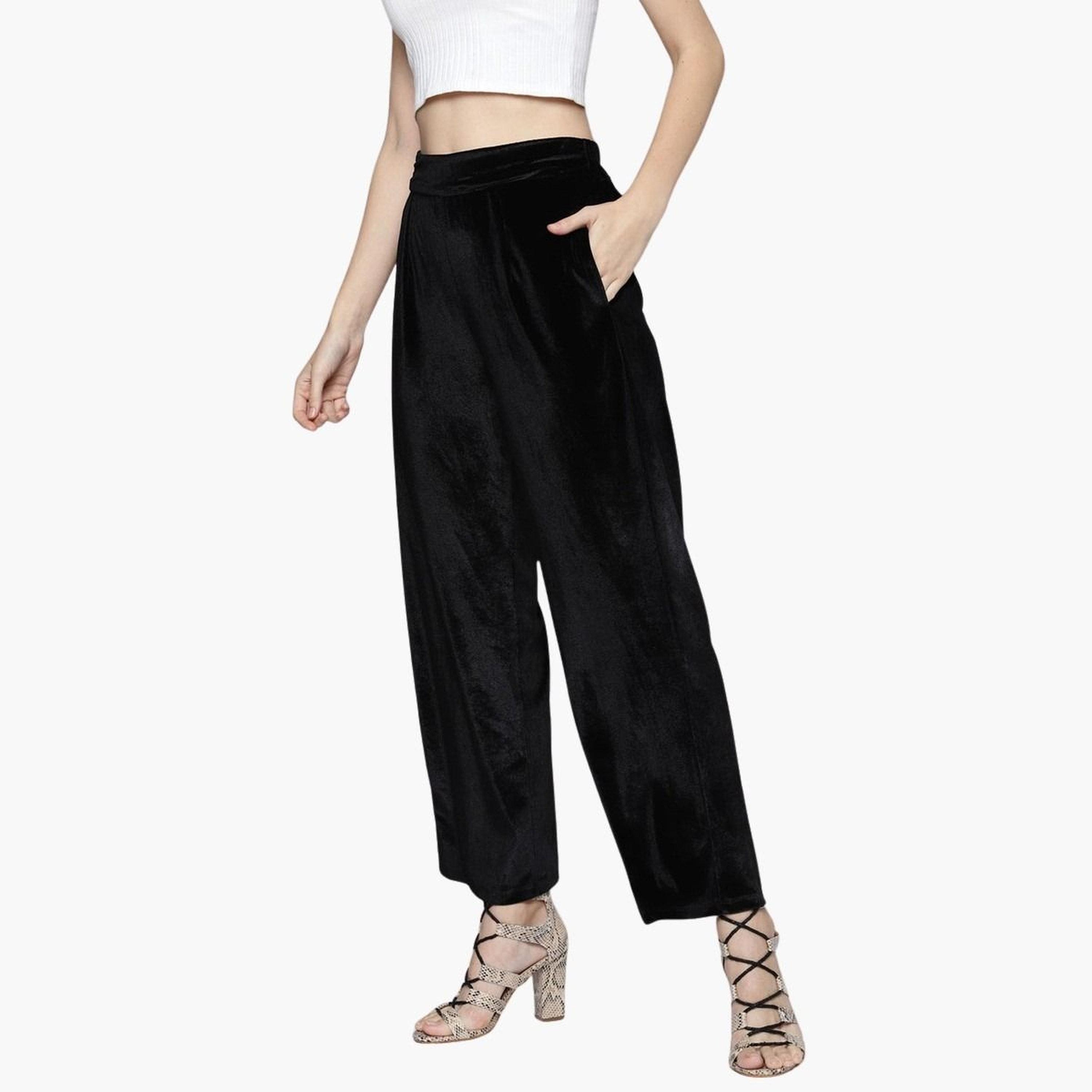 ساسافراس - بنطال مخملي مستقيم أسود سادة للنساء-women-clothing-bottoms-trousers-image-4