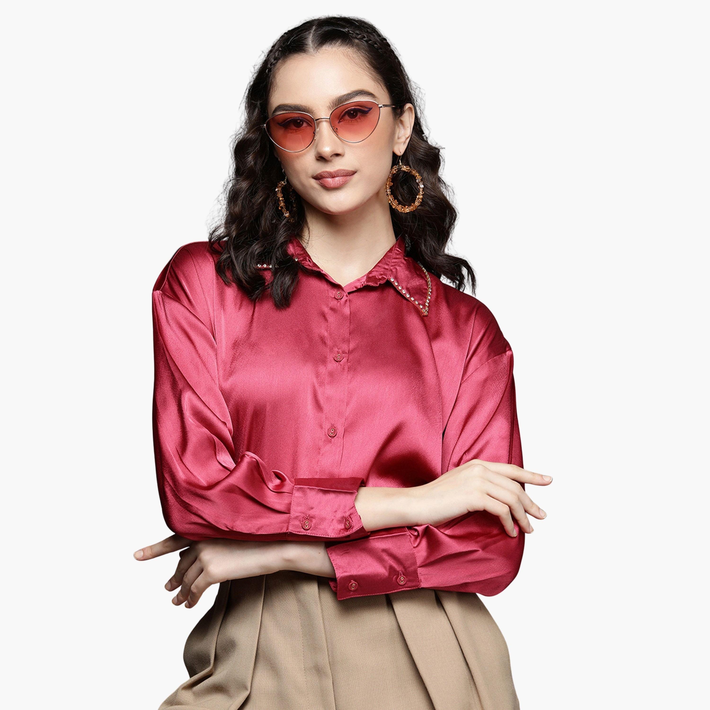 ساسافراس - قميص نسائي وردي اللون من الساتان بياقة مزخرفة-women-clothing-shirtsandblouses-shirts-image-1