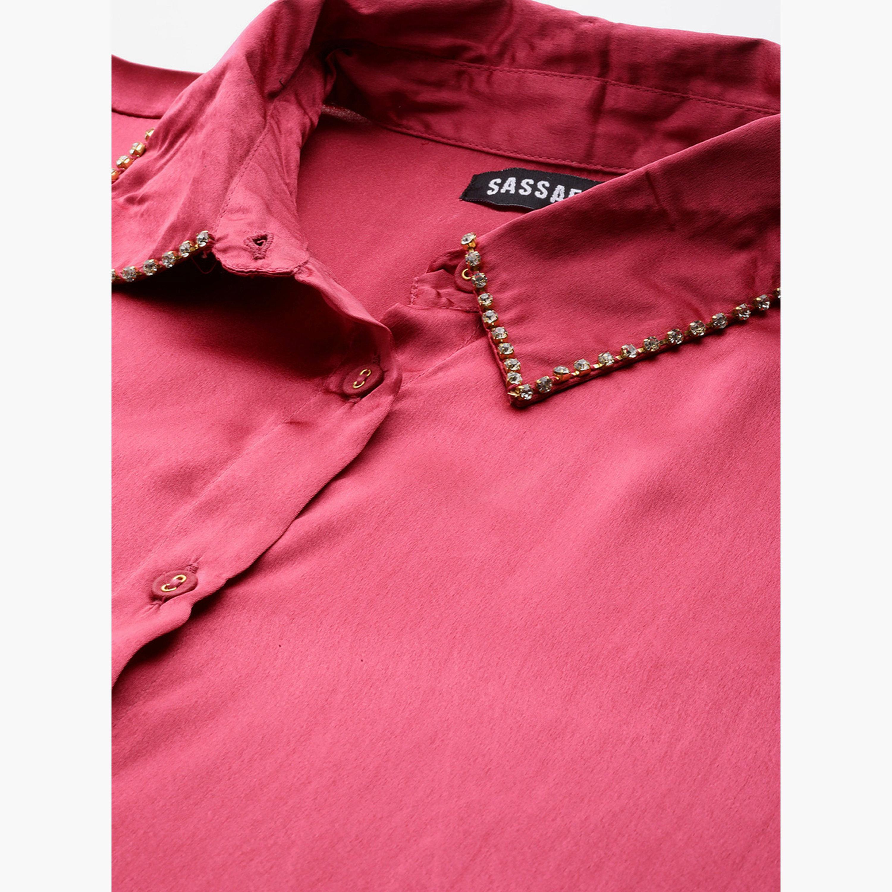 ساسافراس - قميص نسائي وردي اللون من الساتان بياقة مزخرفة-women-clothing-shirtsandblouses-shirts-image-2