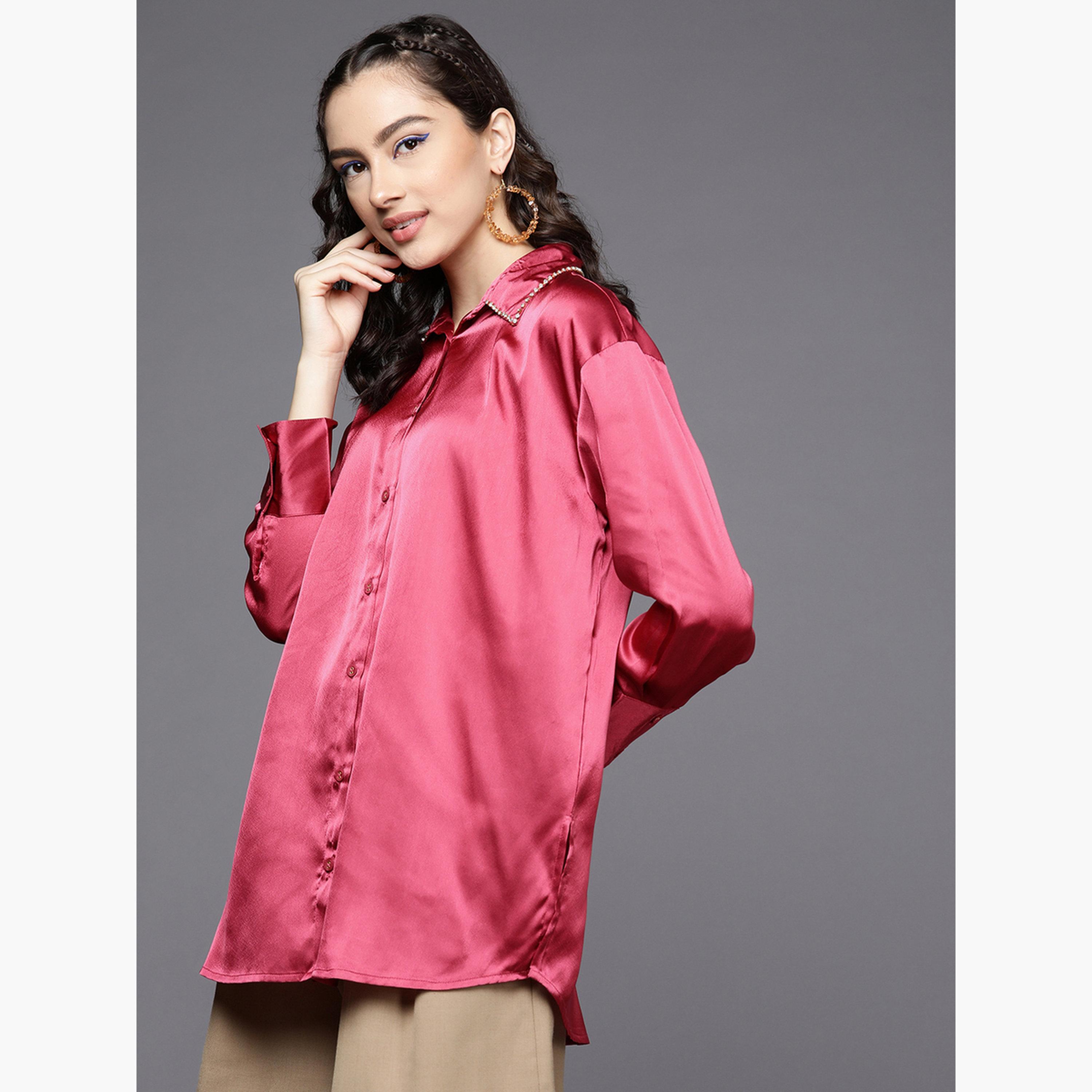 ساسافراس - قميص نسائي وردي اللون من الساتان بياقة مزخرفة-women-clothing-shirtsandblouses-shirts-image-4