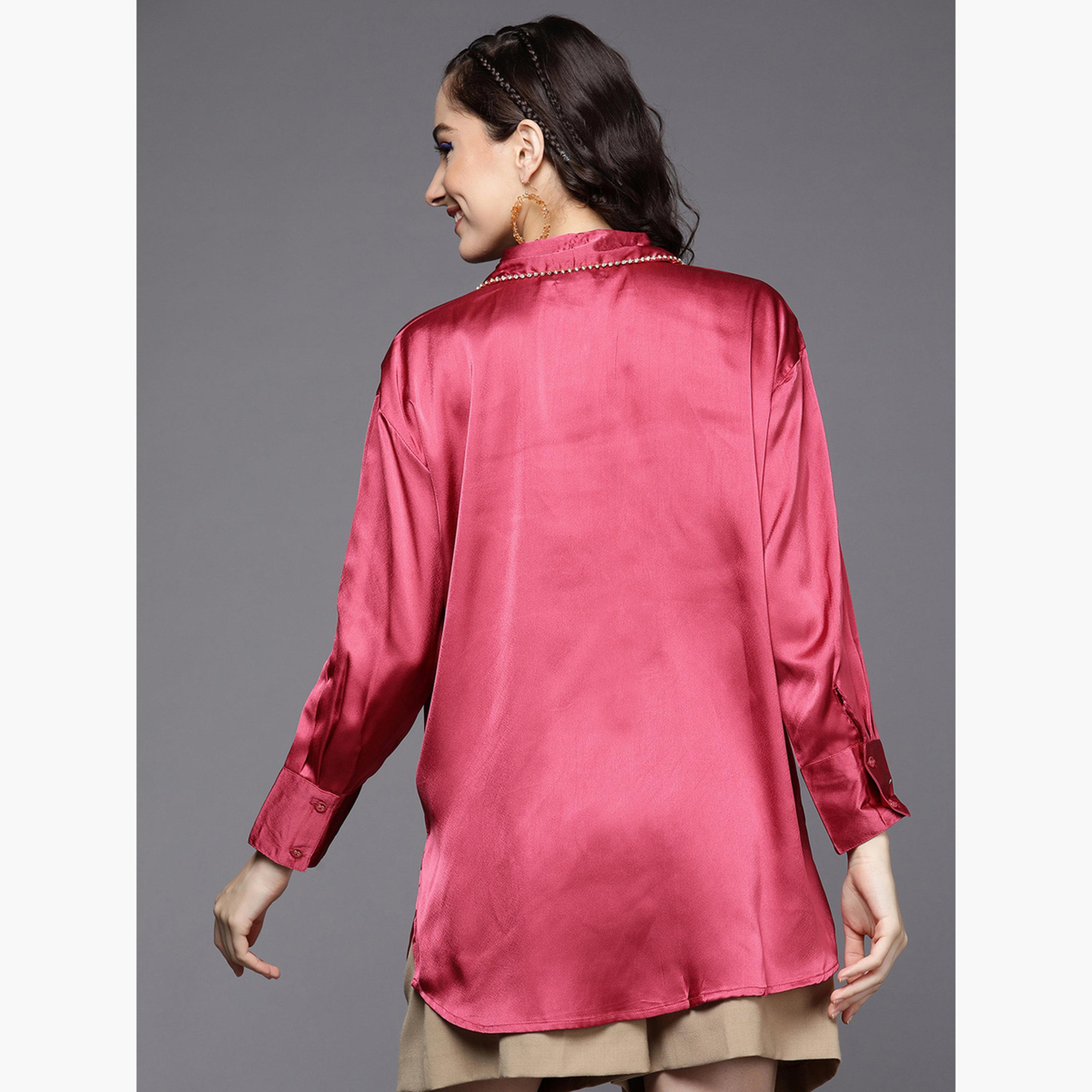 ساسافراس - قميص نسائي وردي اللون من الساتان بياقة مزخرفة-women-clothing-shirtsandblouses-shirts-image-5