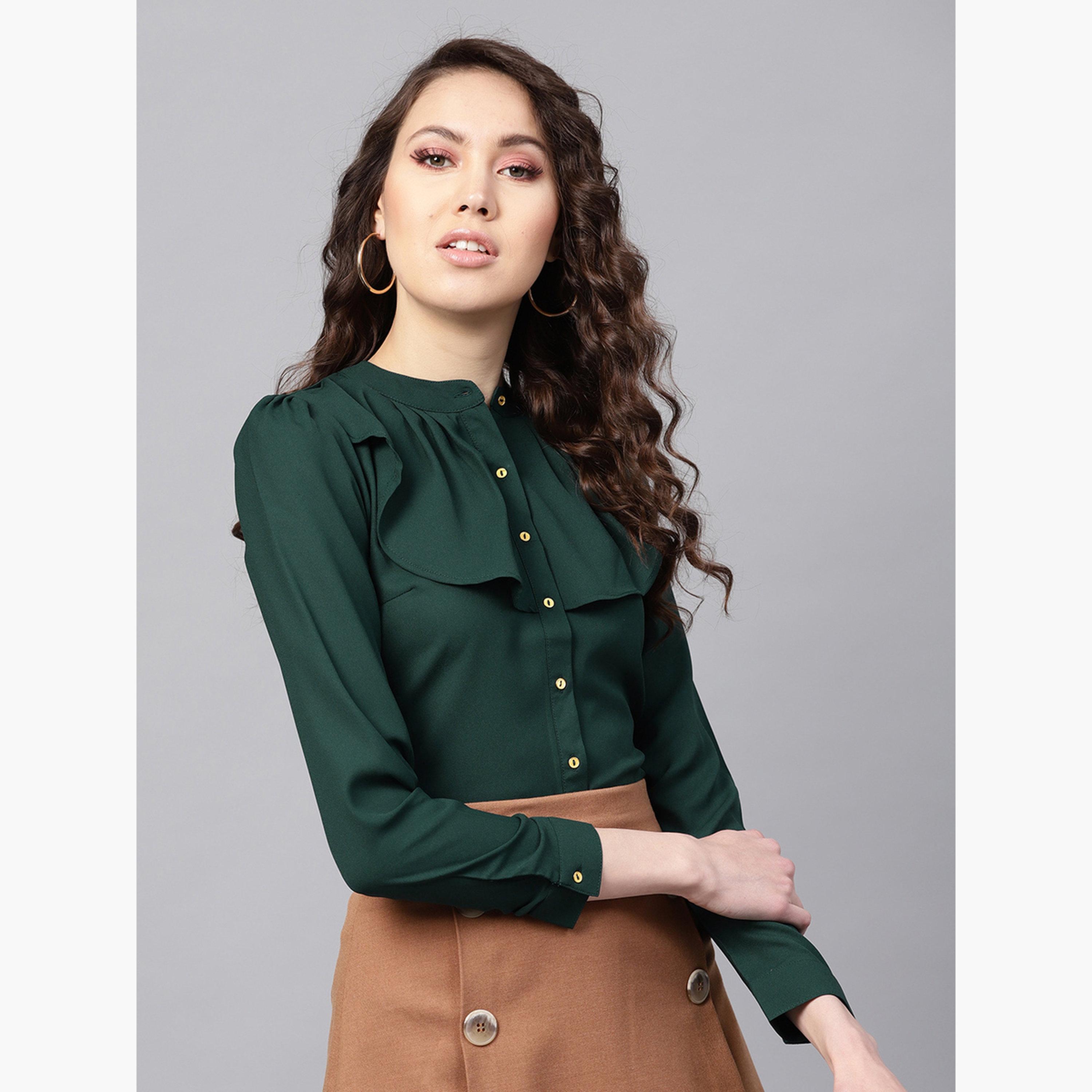 Sassafras Women Green Solid Ruffle Trim Slim Fit Shirt-women-clothing-shirtsandblouses-shirts-image-1