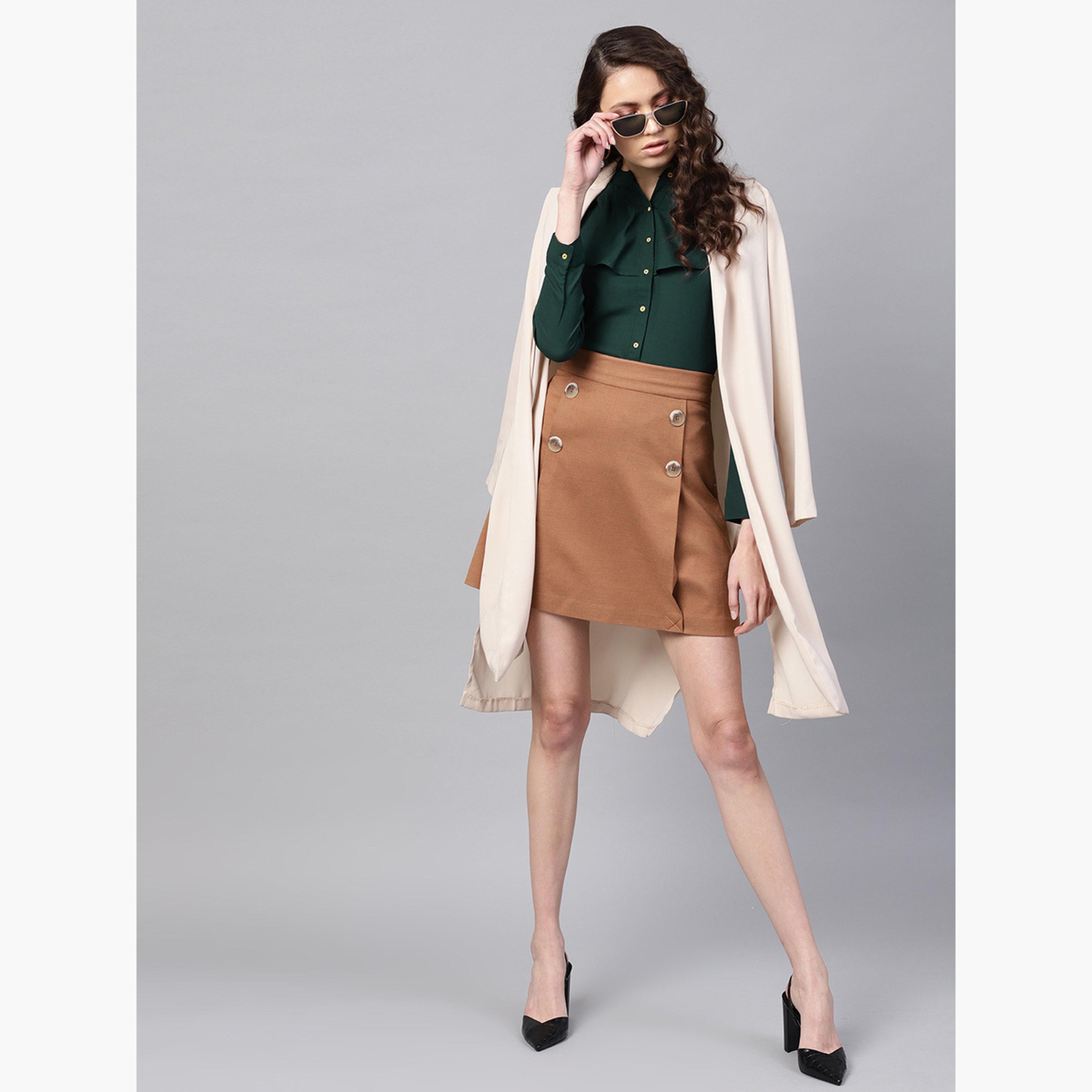 Sassafras Women Green Solid Ruffle Trim Slim Fit Shirt-women-clothing-shirtsandblouses-shirts-image-2