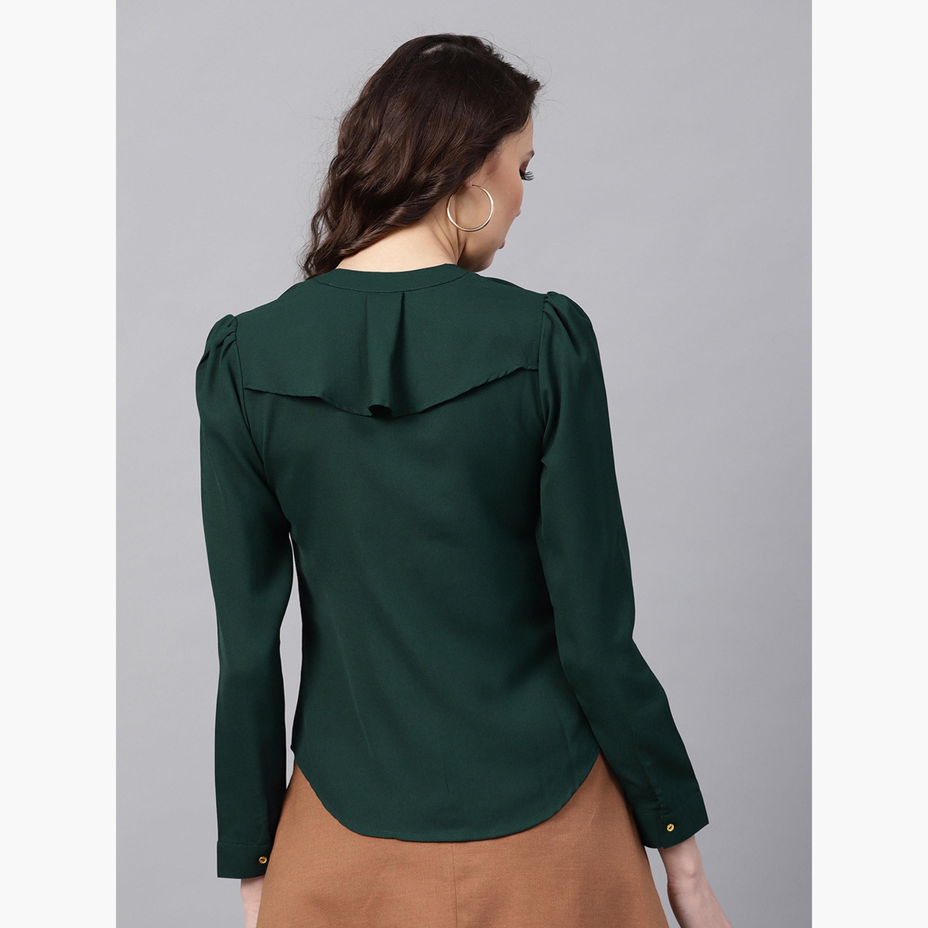 Sassafras Women Green Solid Ruffle Trim Slim Fit Shirt-women-clothing-shirtsandblouses-shirts-image-3