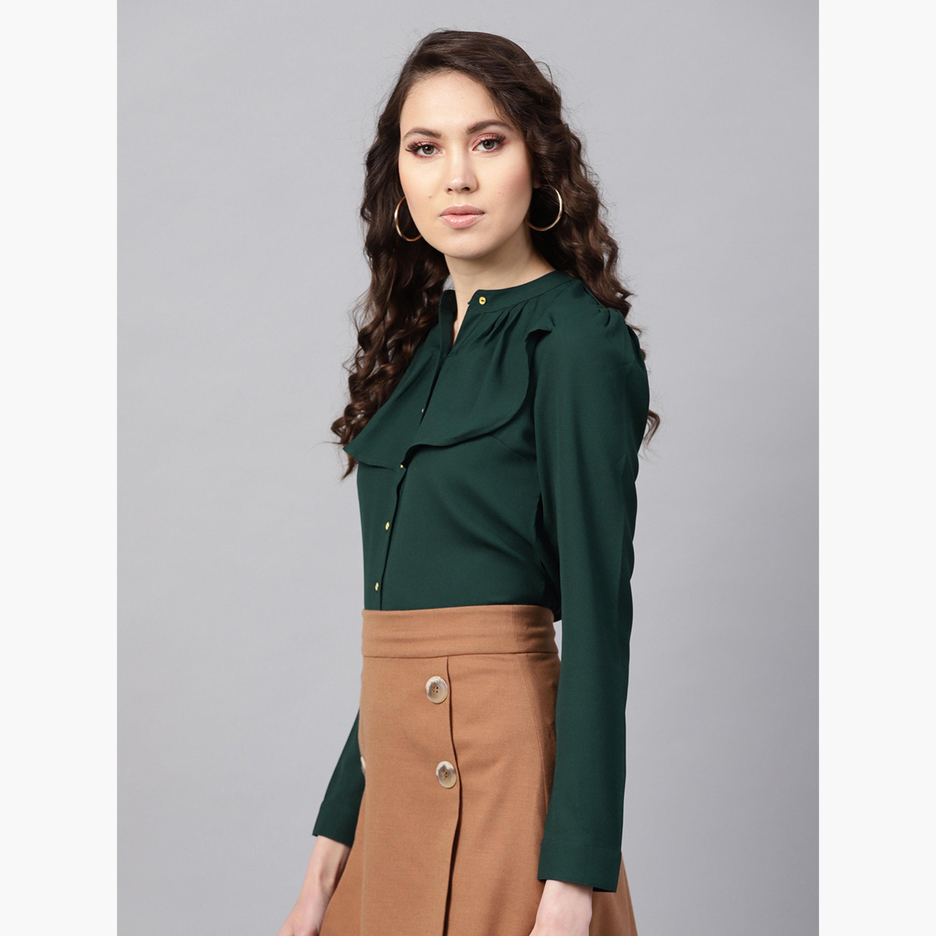 ساسافراس - قميص أخضر سادة بحواف مكشكشة للنساء-women-clothing-shirtsandblouses-shirts-image-4