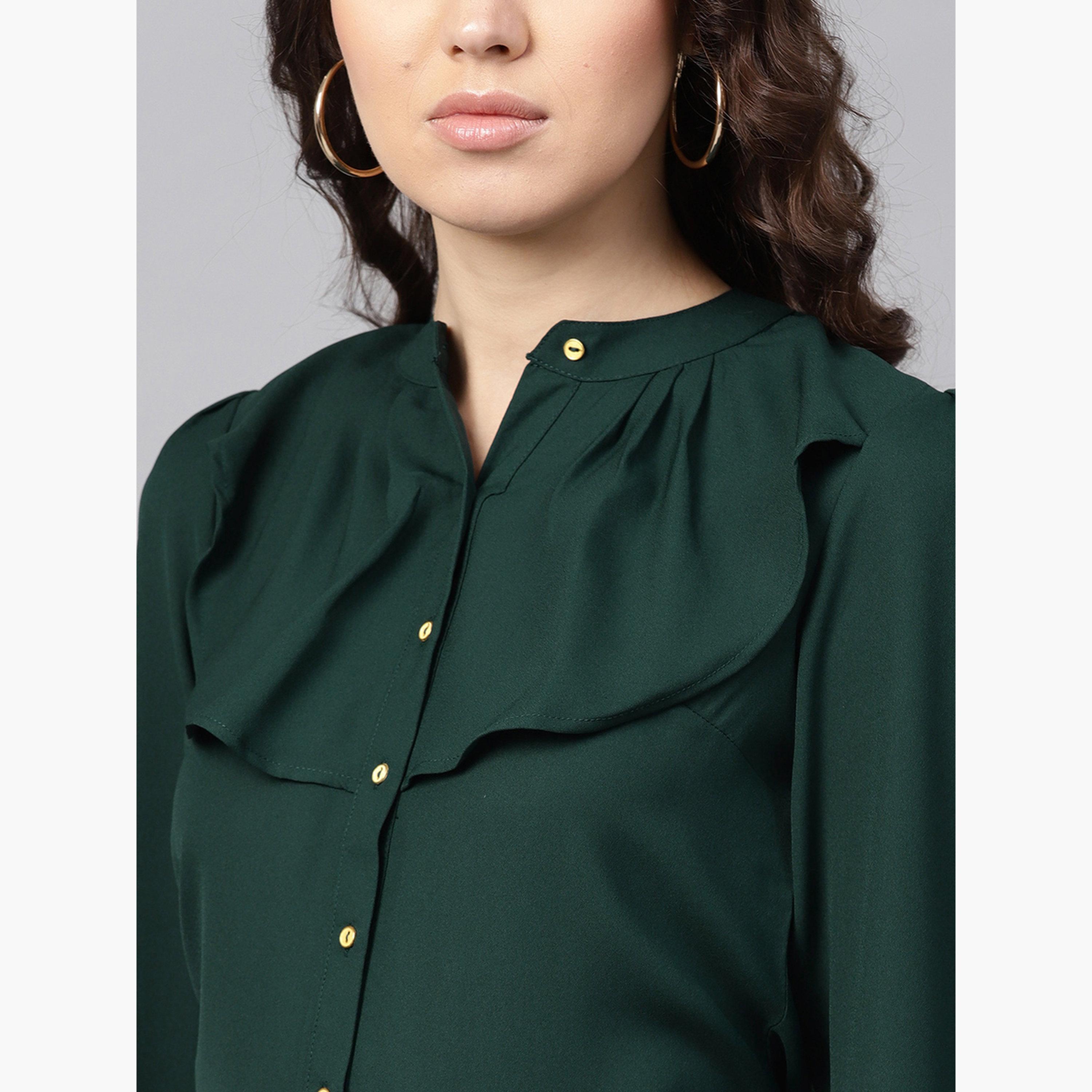 Sassafras Women Green Solid Ruffle Trim Slim Fit Shirt-women-clothing-shirtsandblouses-shirts-image-5