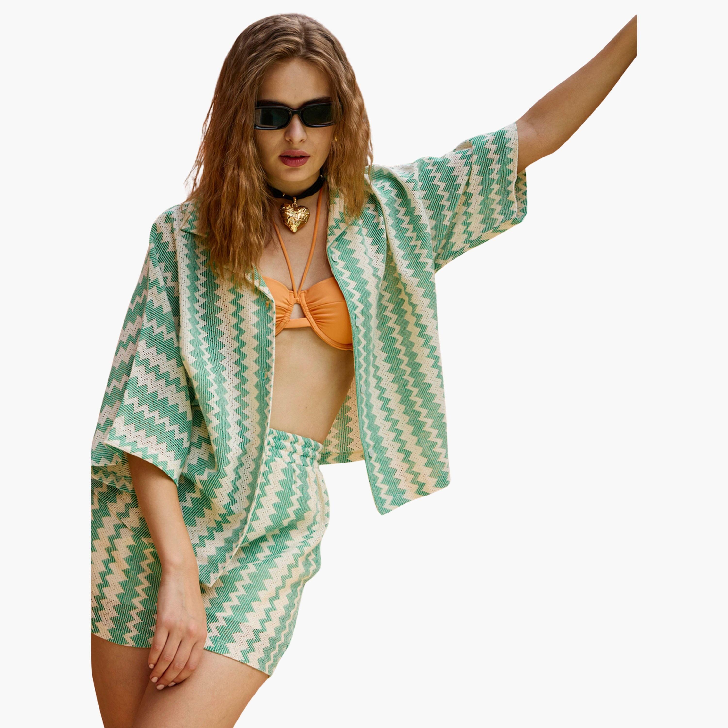 Sassafras Women Green Chevron Printed Short Sleeve Oversized Shirt-women-clothing-shirtsandblouses-shirts-image-1
