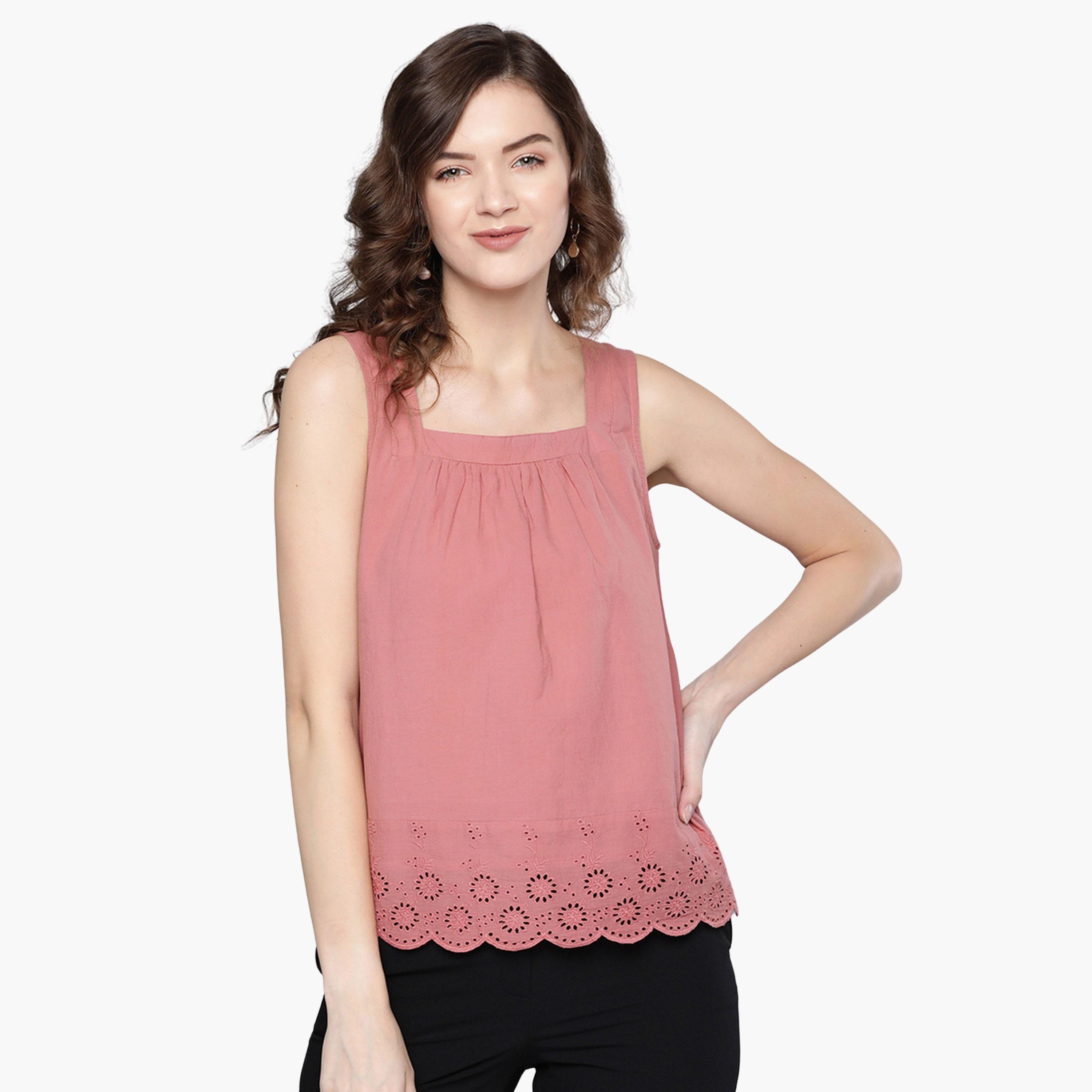 ساسافراس - بلوزة نسائية وردية اللون بتفاصيل شيفلي وفتحة رقبة مربعة-women-clothing-shirtsandblouses-shirts-image-1