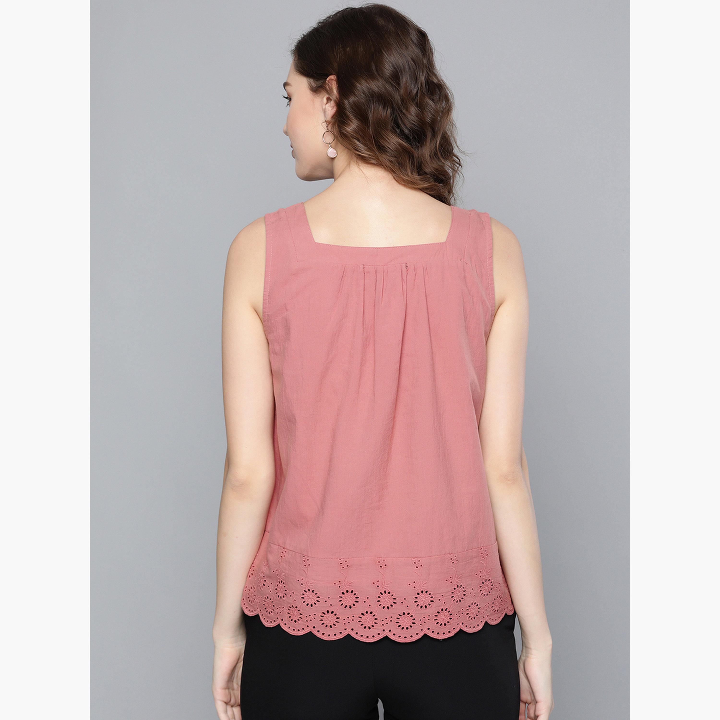 ساسافراس - بلوزة نسائية وردية اللون بتفاصيل شيفلي وفتحة رقبة مربعة-women-clothing-shirtsandblouses-shirts-image-3