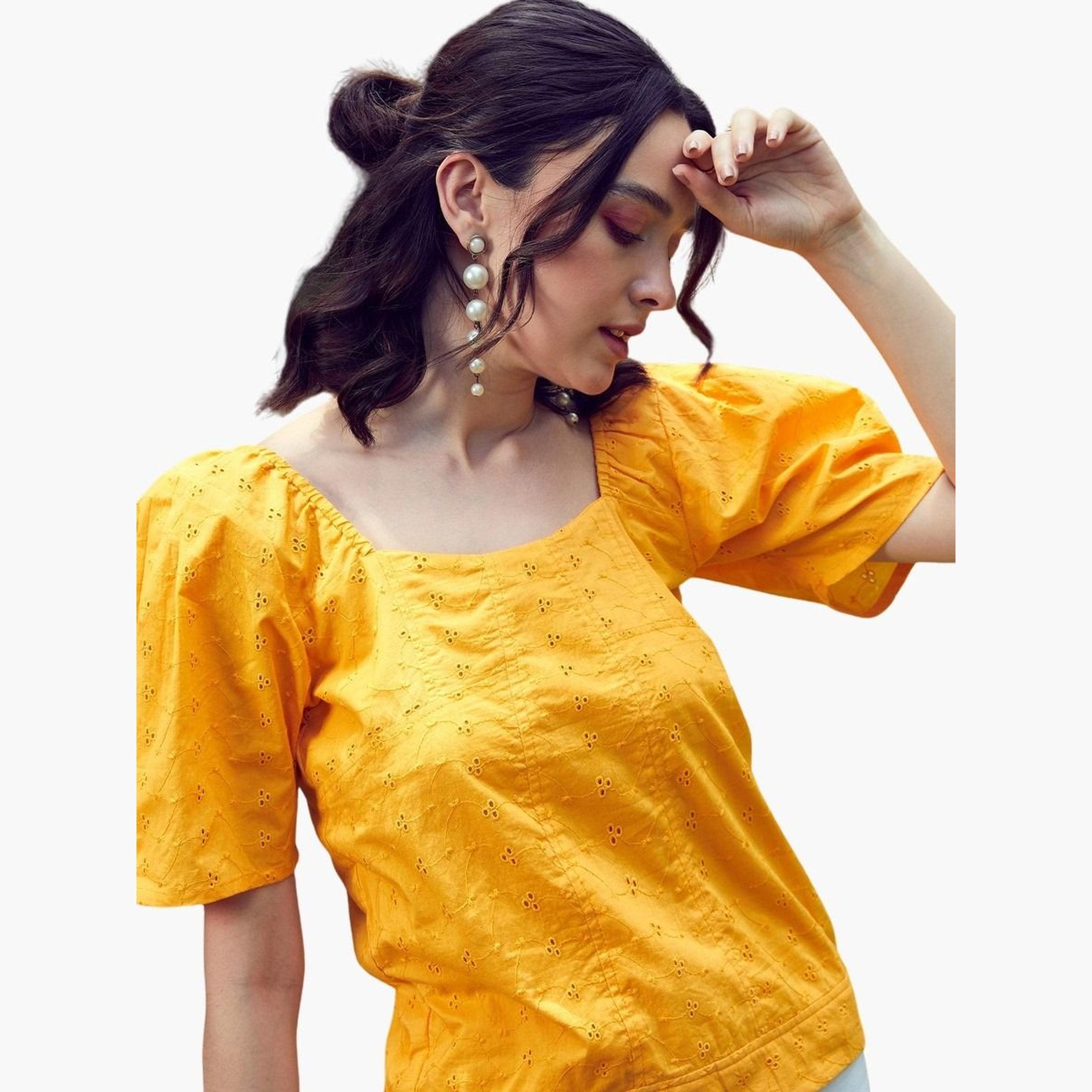 Sassafras Women Mustard Schiffli Square Neck Smoked Top-women-clothing-tshirts-image-2