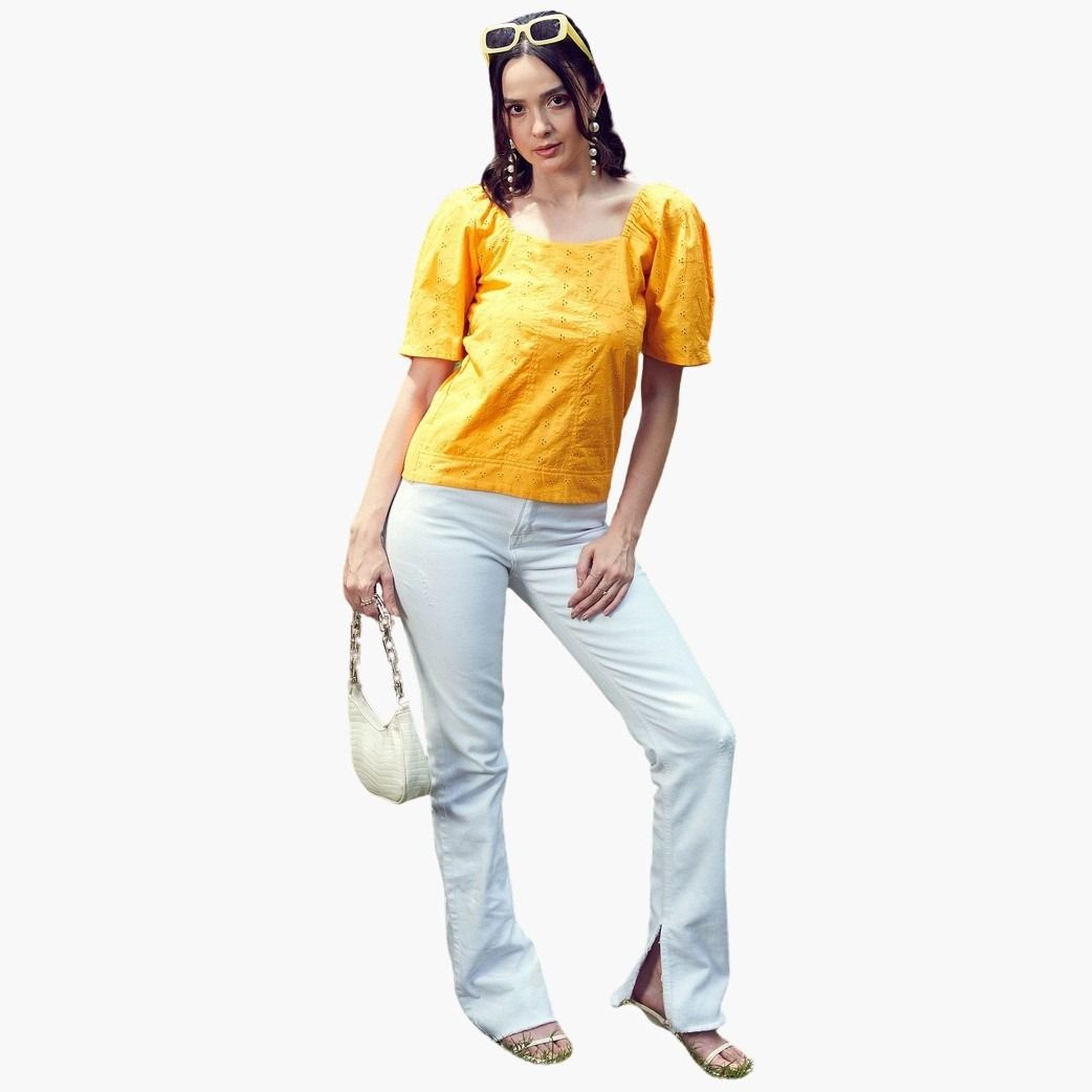 Sassafras Women Mustard Schiffli Square Neck Smoked Top-women-clothing-tshirts-image-3