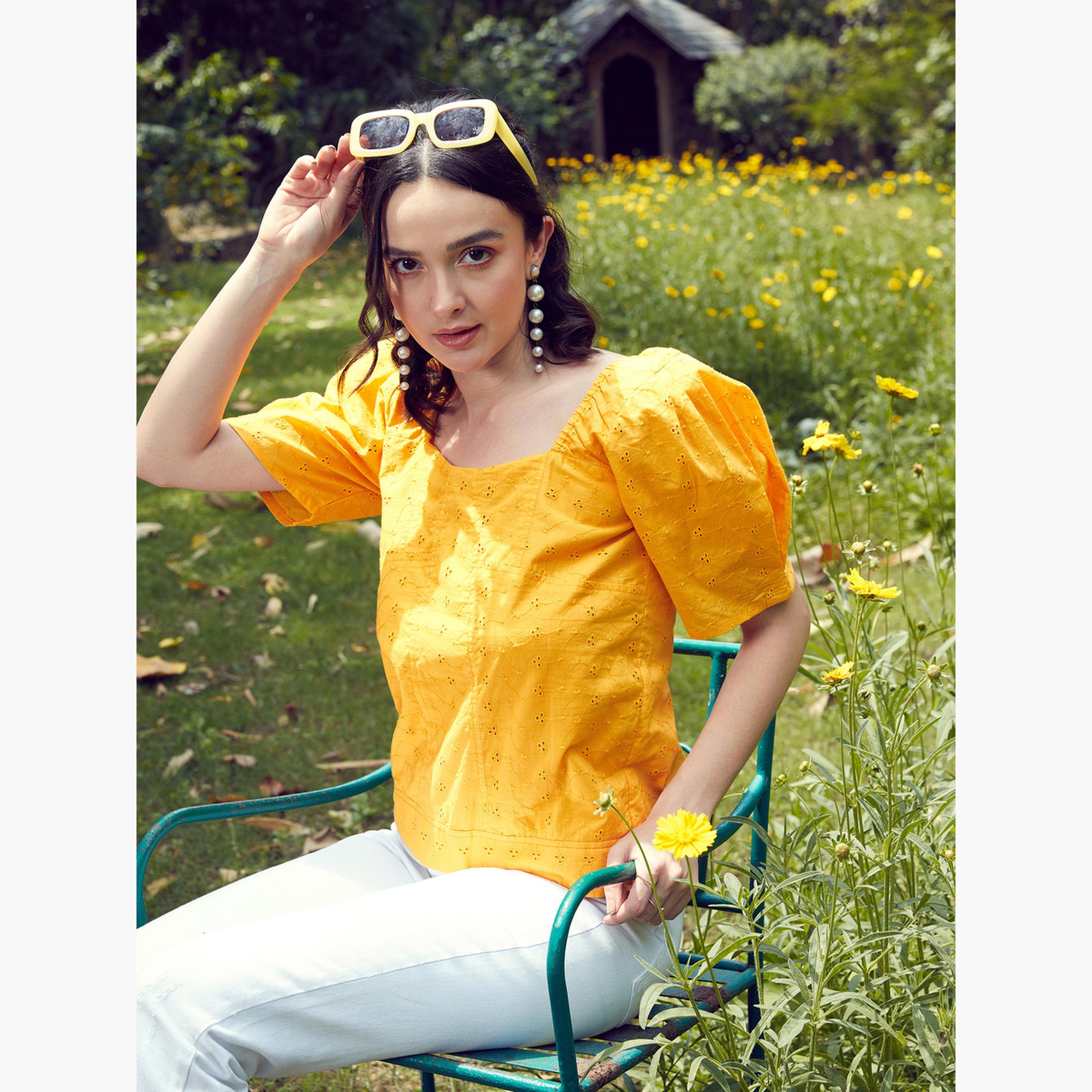 Sassafras Women Mustard Schiffli Square Neck Smoked Top-women-clothing-tshirts-image-4
