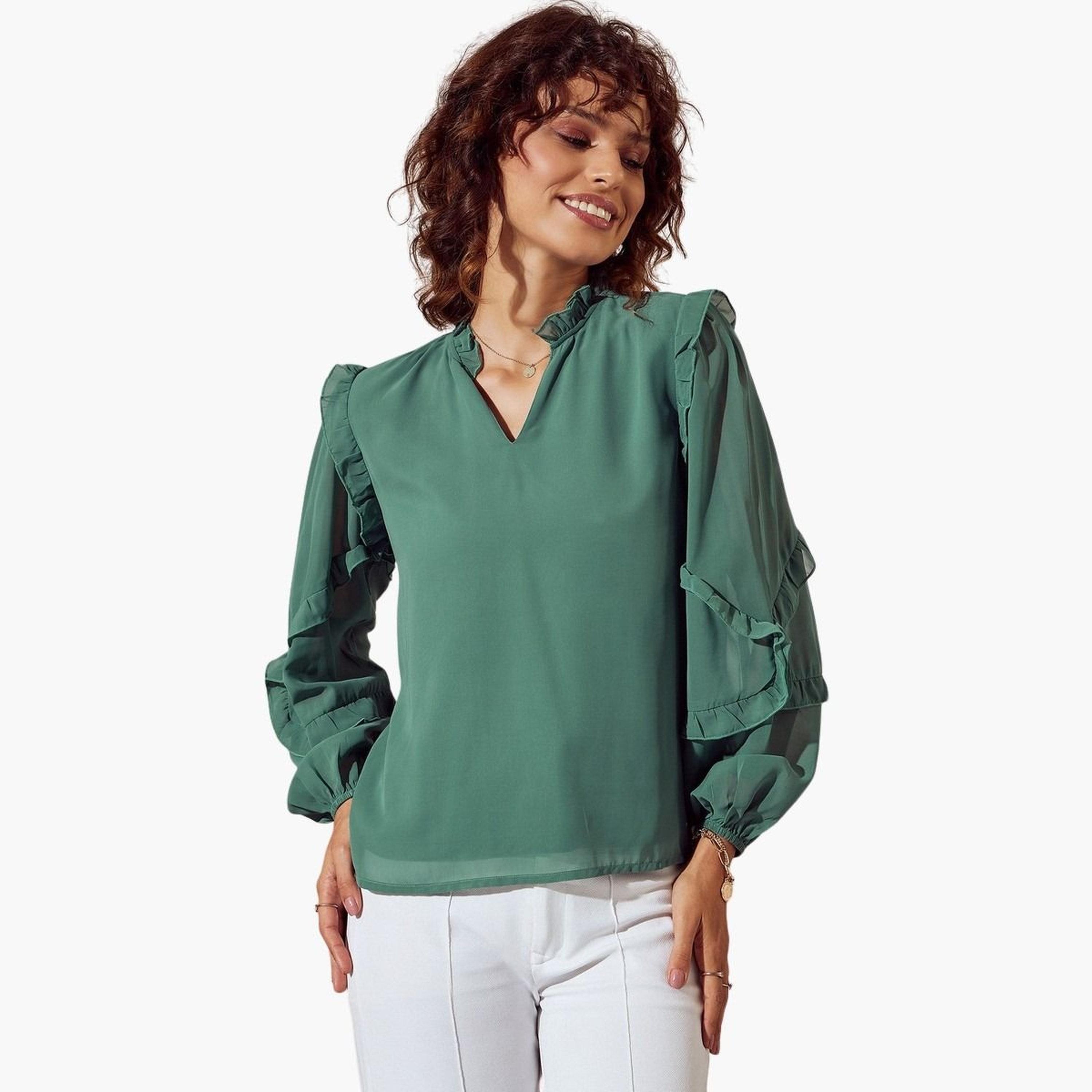 Sassafras Women Green Solid Ruffle Detail Top-women-clothing-tshirts-image-1