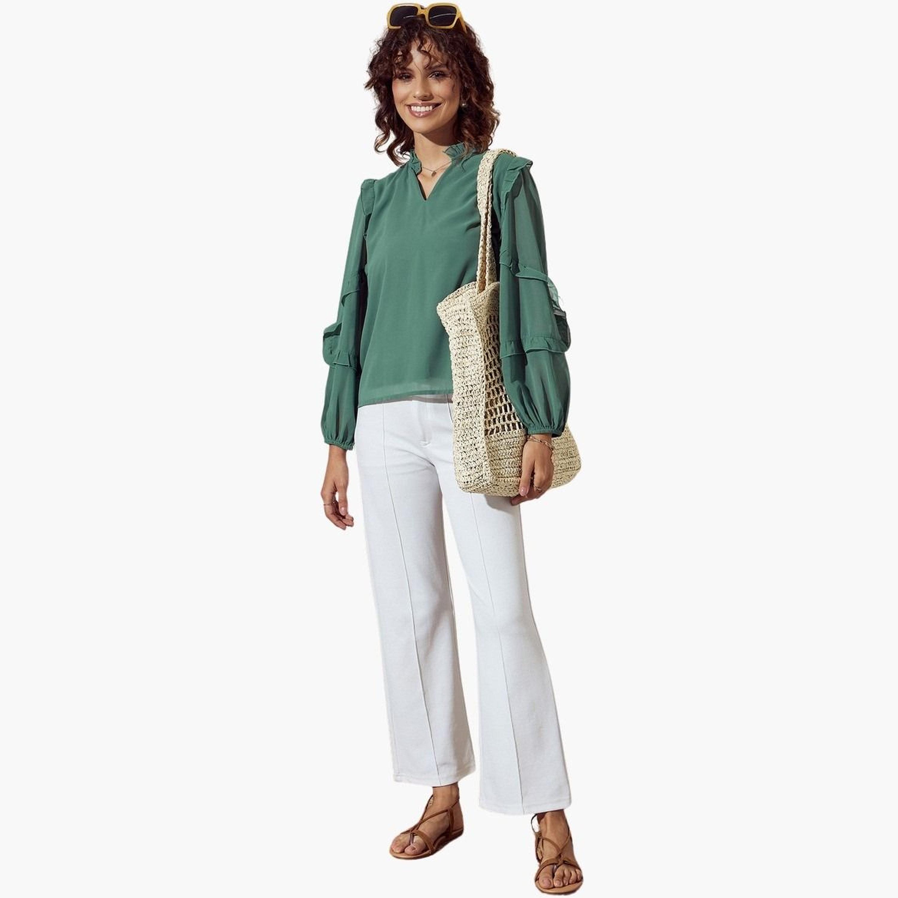 Sassafras Women Green Solid Ruffle Detail Top-women-clothing-tshirts-image-2