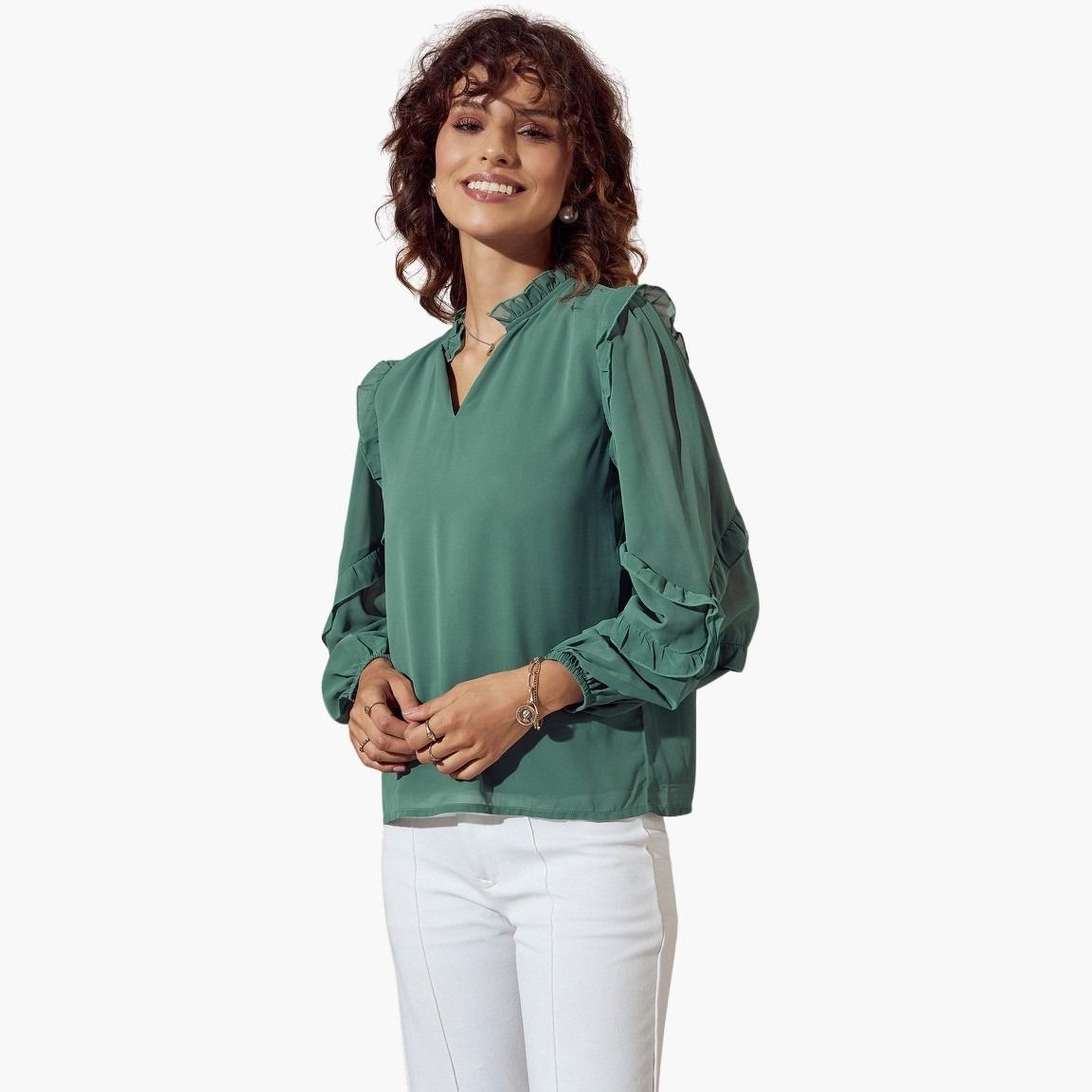 ساسافراس - بلوزة خضراء سادة بتفاصيل كشكشة للنساء-women-clothing-tshirts-image-3